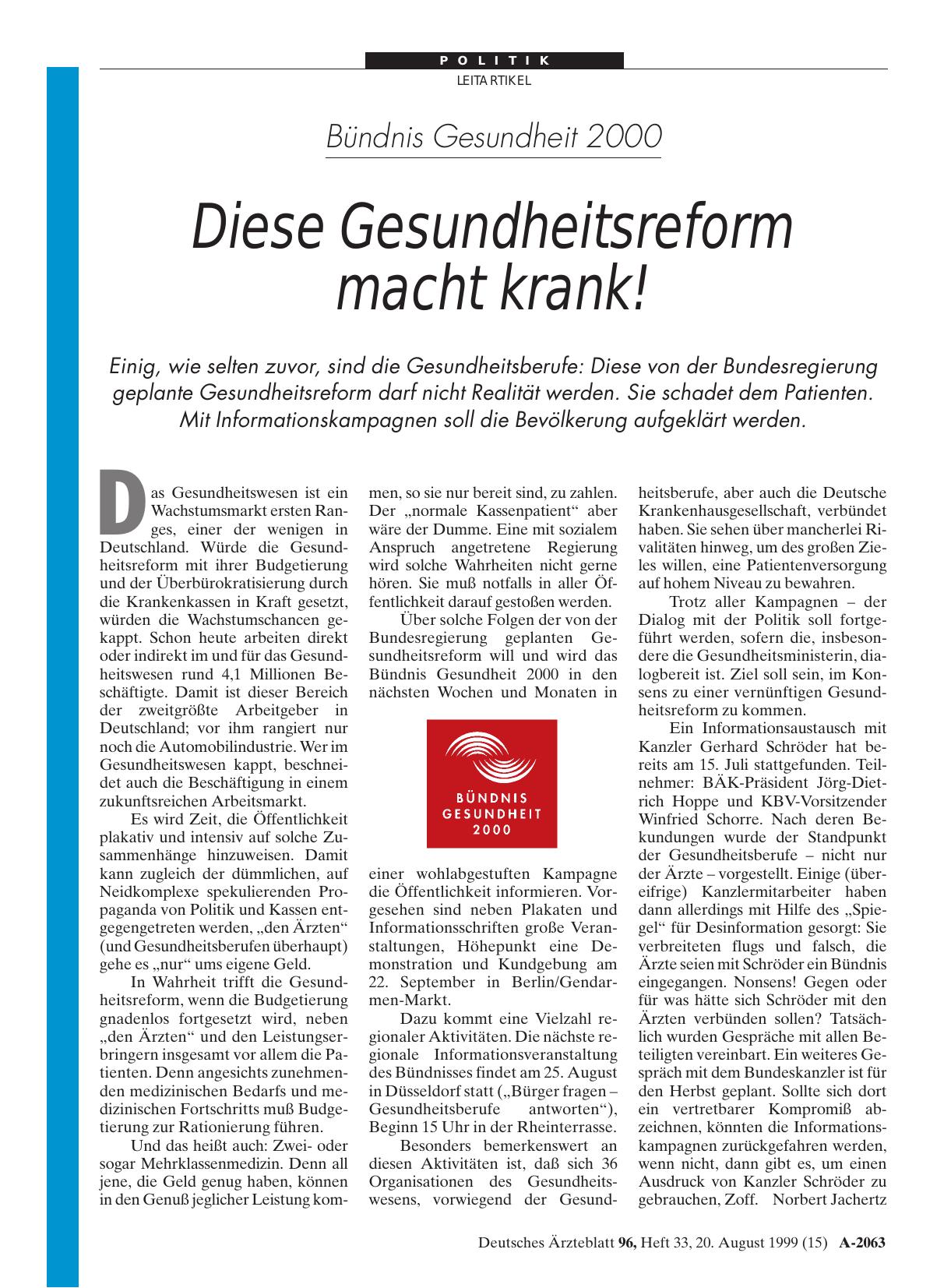 Vorschauseite 1: Bündnis Gesundheit 2000: Diese Gesundheitsreform macht krank!