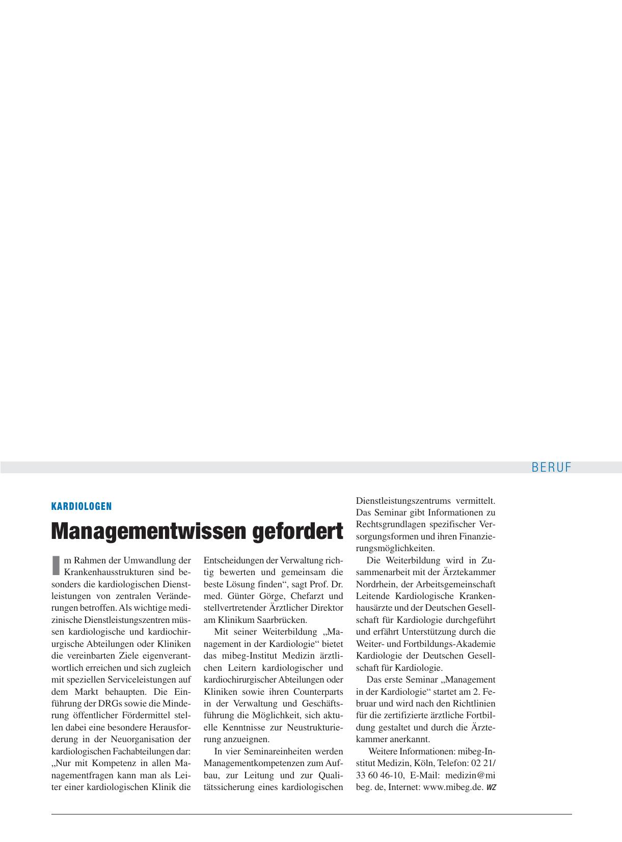Vorschauseite 1: Kardiologen: Managementwissen gefordert