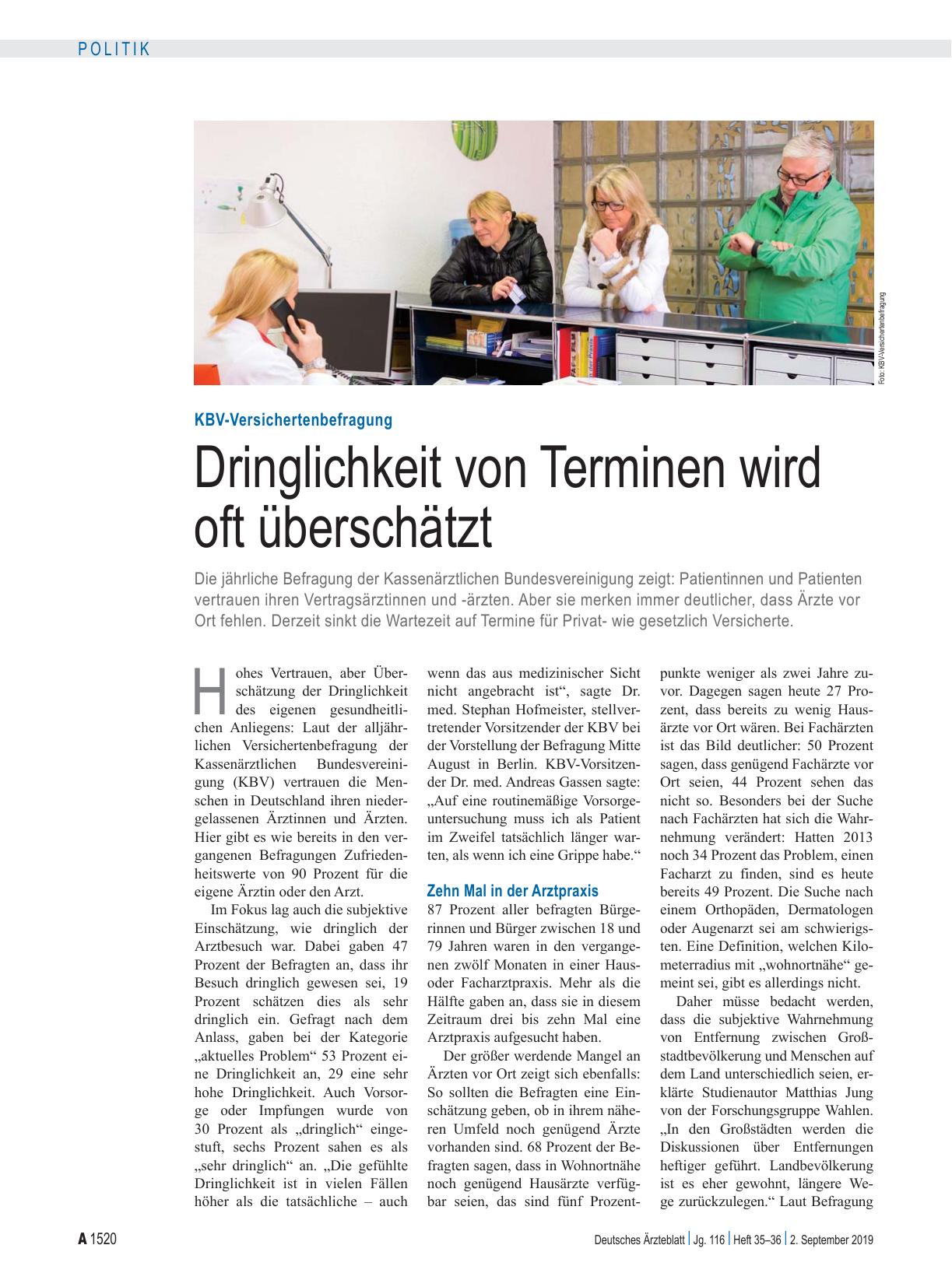 Vorschauseite 1: KBV-Versichertenbefragung: Dringlichkeit von Terminen wird oft überschätzt