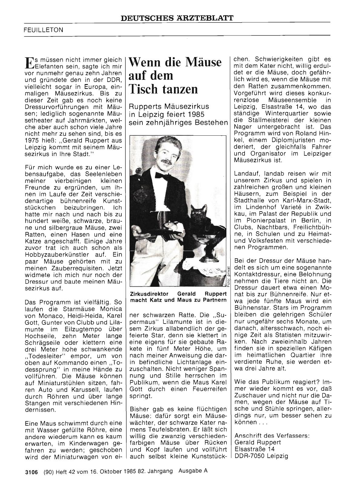 Vorschauseite 1: Wenn die Mäuse auf dem Tisch tanzen: Rupperts Mäusezirkus in Leipzig feiert 1985 sein zehnjähriges Bestehen