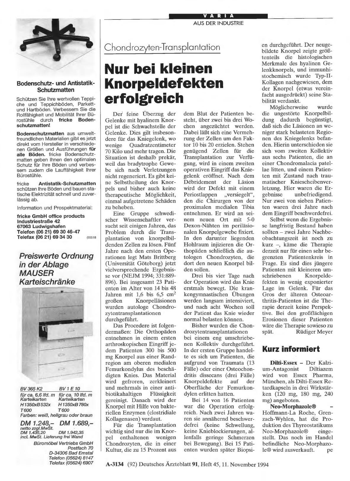 Vorschauseite 1: Chondrozyten-Transplantation: Nur bei kleinen Knorpeldefekten erfolgreich