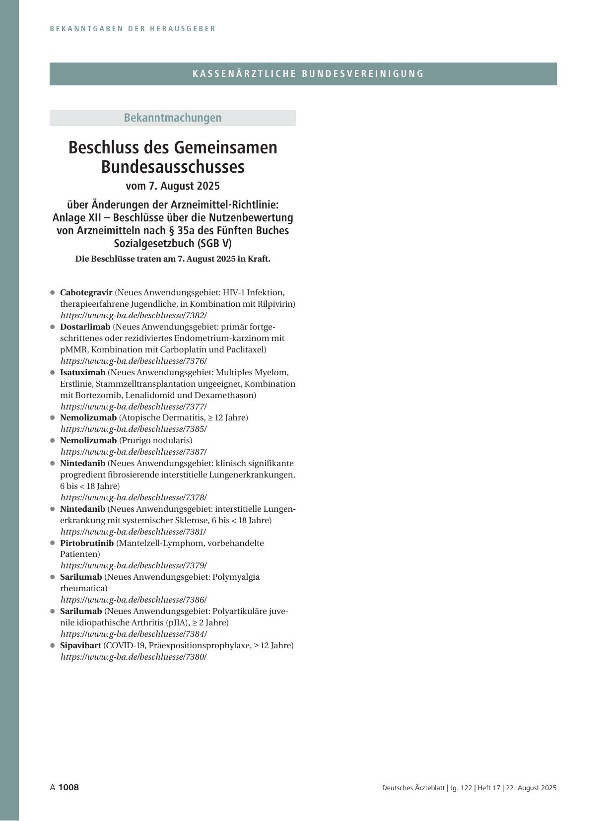 Vorschauseite 1: Beschluss des Gemeinsamen Bundesausschusses vom 7. August 2025 über Änderungen der Arzneimittel-Richtlinie: Anlage XII – Beschlüsse über die Nutzenbewertung von Arzneimitteln nach…