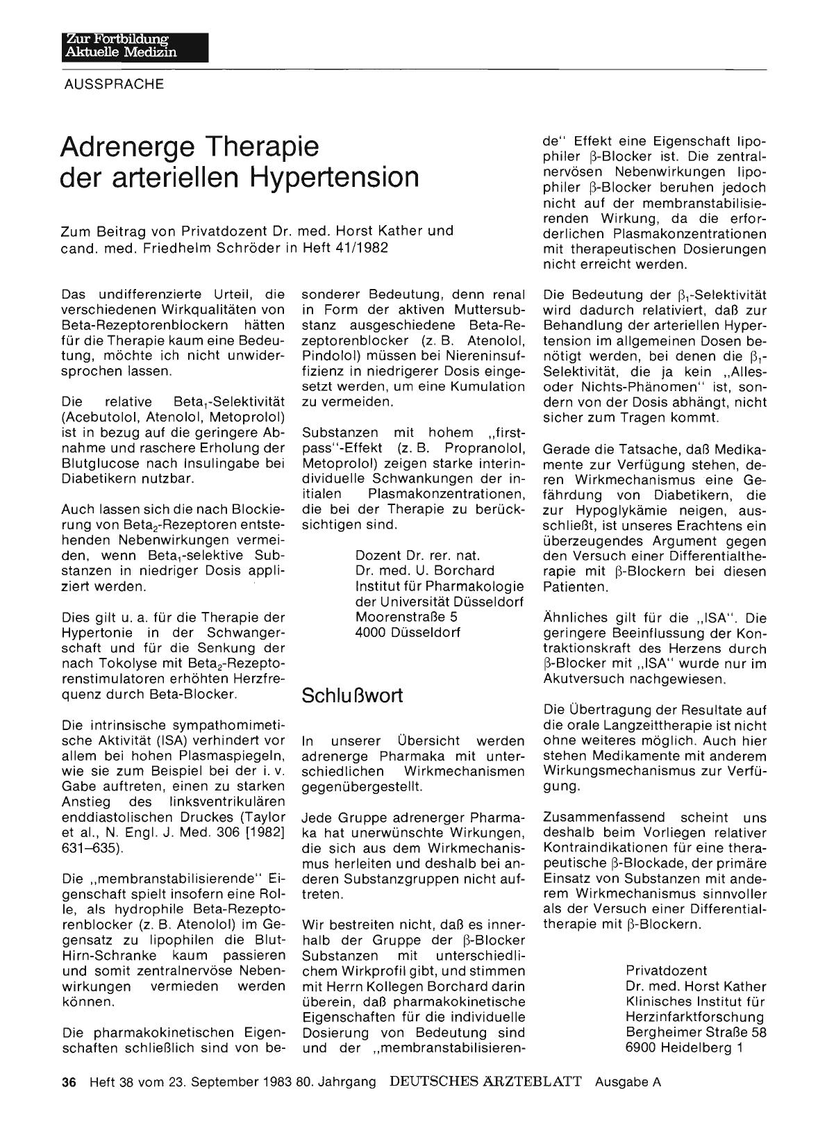 Vorschauseite 1: Adrenerge Therapie der arteriellen Hypertension: Schlußwort