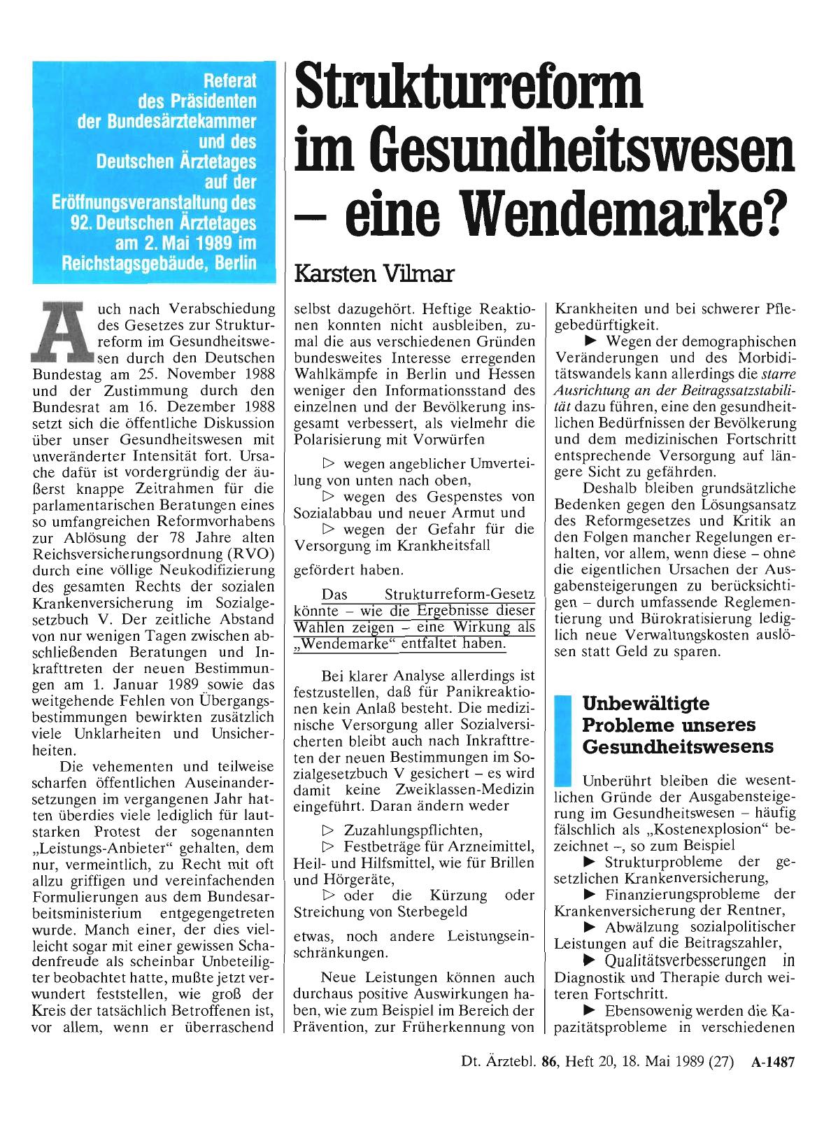 Vorschauseite 1: Strukturreform im Gesundheitswesen - eine Wendemarke? Referat des Präsidenten der Bundesärztekammer und des Deutschen Ärztetages auf der Eröffnungsveranstaltung des 92. Deutschen…