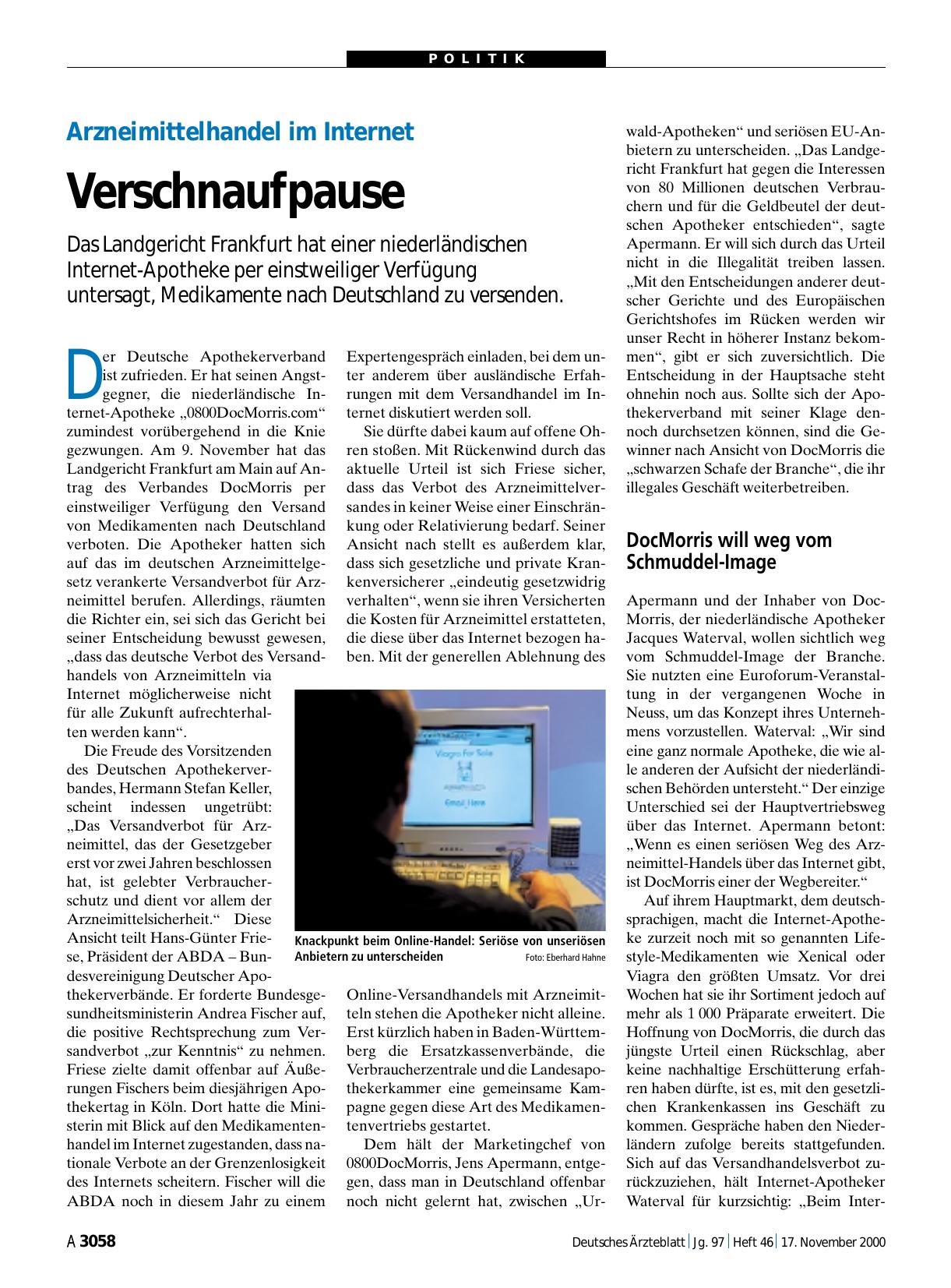 Vorschauseite 1: Arzneimittelhandel im Internet: Verschnaufpause
