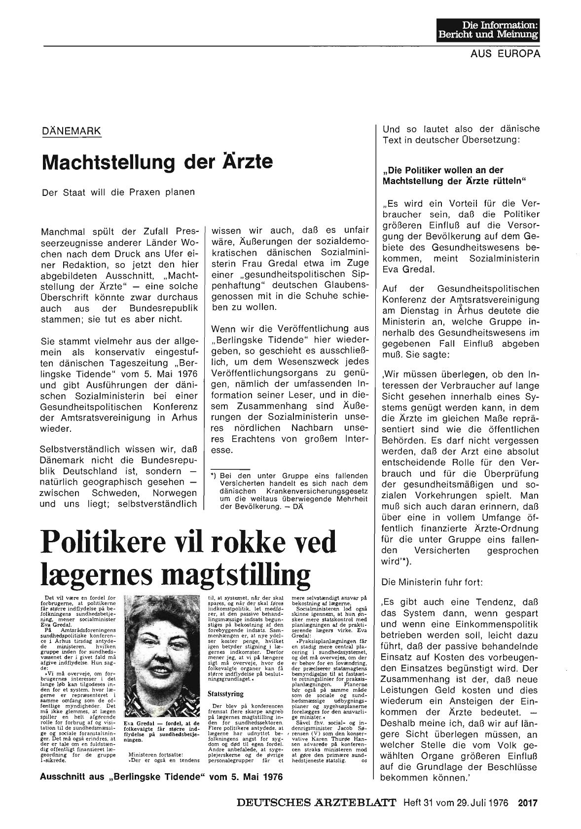 Vorschauseite 1: Dänemark: Machtstellung der Ärzte