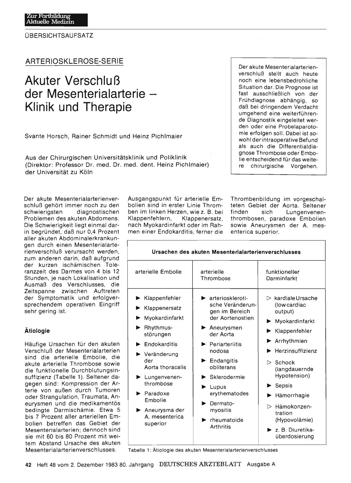 Vorschauseite 1: ARTERIOSKLEROSE-SERIE: Akuter Verschluß der Mesenterialarterie - Klinik und Therapie