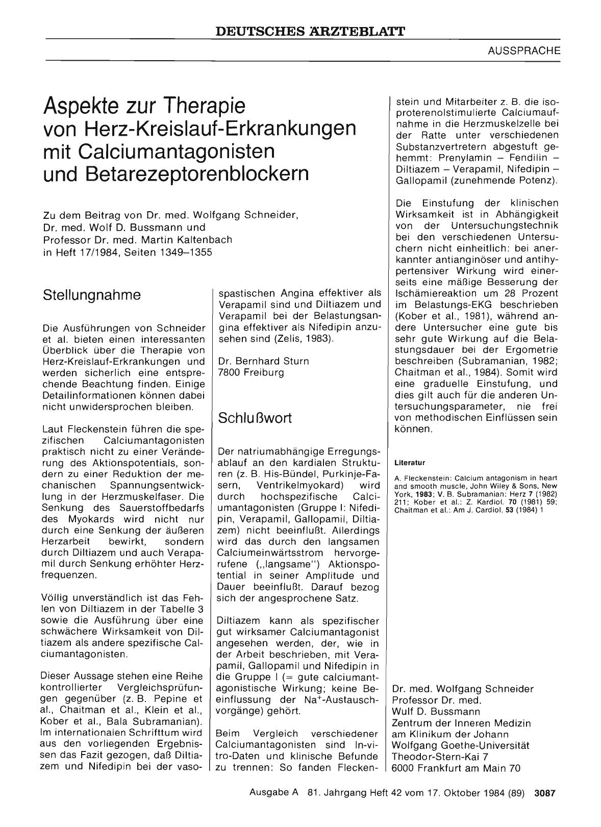 Vorschauseite 1: Aspekte zur Therapie von Herz-Kreislauf-Erkrankungen mit Calciumantagonisten und Betarezeptorenblockern: Schlußwort