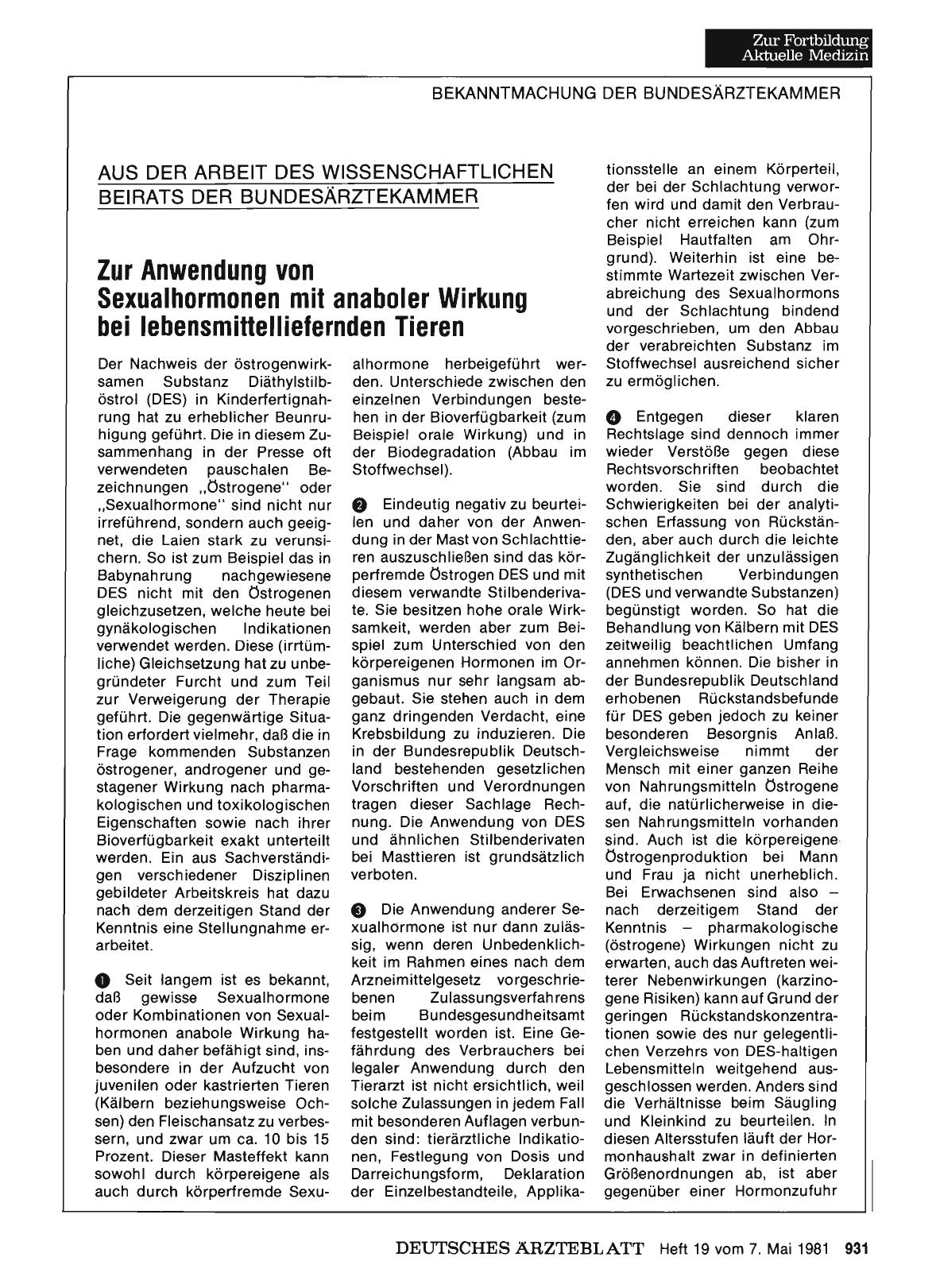 Vorschauseite 1: AUS DER ARBEIT DES WISSENSCHAFTLICHEN BEIRATS DER BUNDESÄRZTEKAMMER: Zur Anwendung von Sexualhormonen mit anaboler Wirkung bei lebensmittelliefernden Tieren