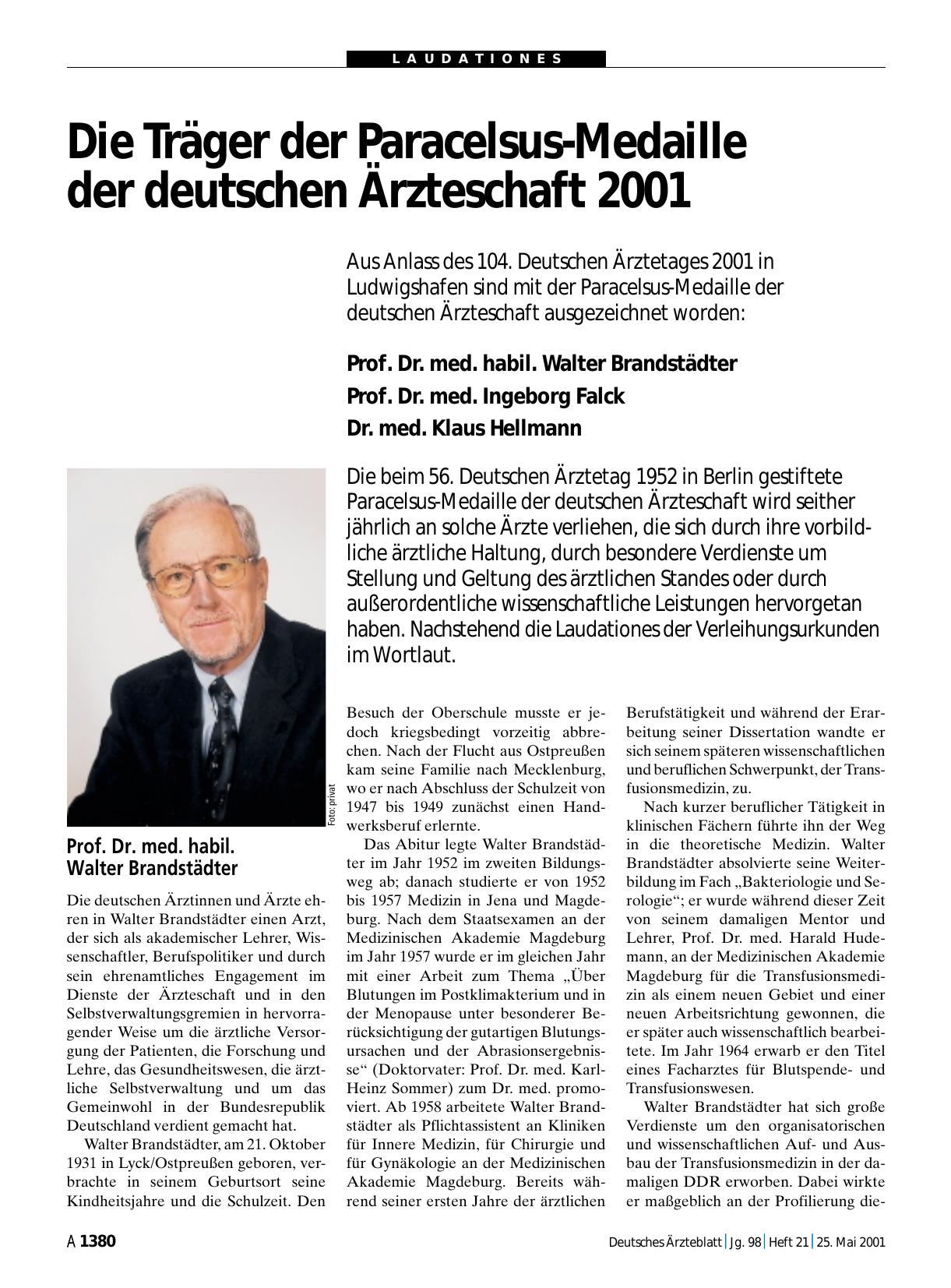 Vorschauseite 1: Die Träger der Paracelsus-Medaille der deutschen Ärzteschaft 2001