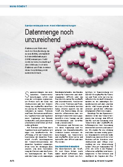 Vorschauseite 1: Spontanmeldesystem von Arzneimittelnebenwirkungen: Datenmenge noch unzureichend