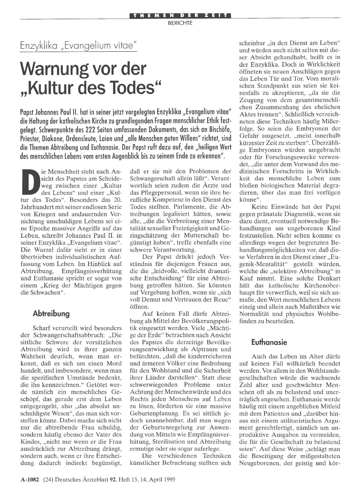 Vorschauseite 1: Enzyklika „Evangelium vitae“: Warnung vor der „Kultur des Todes“