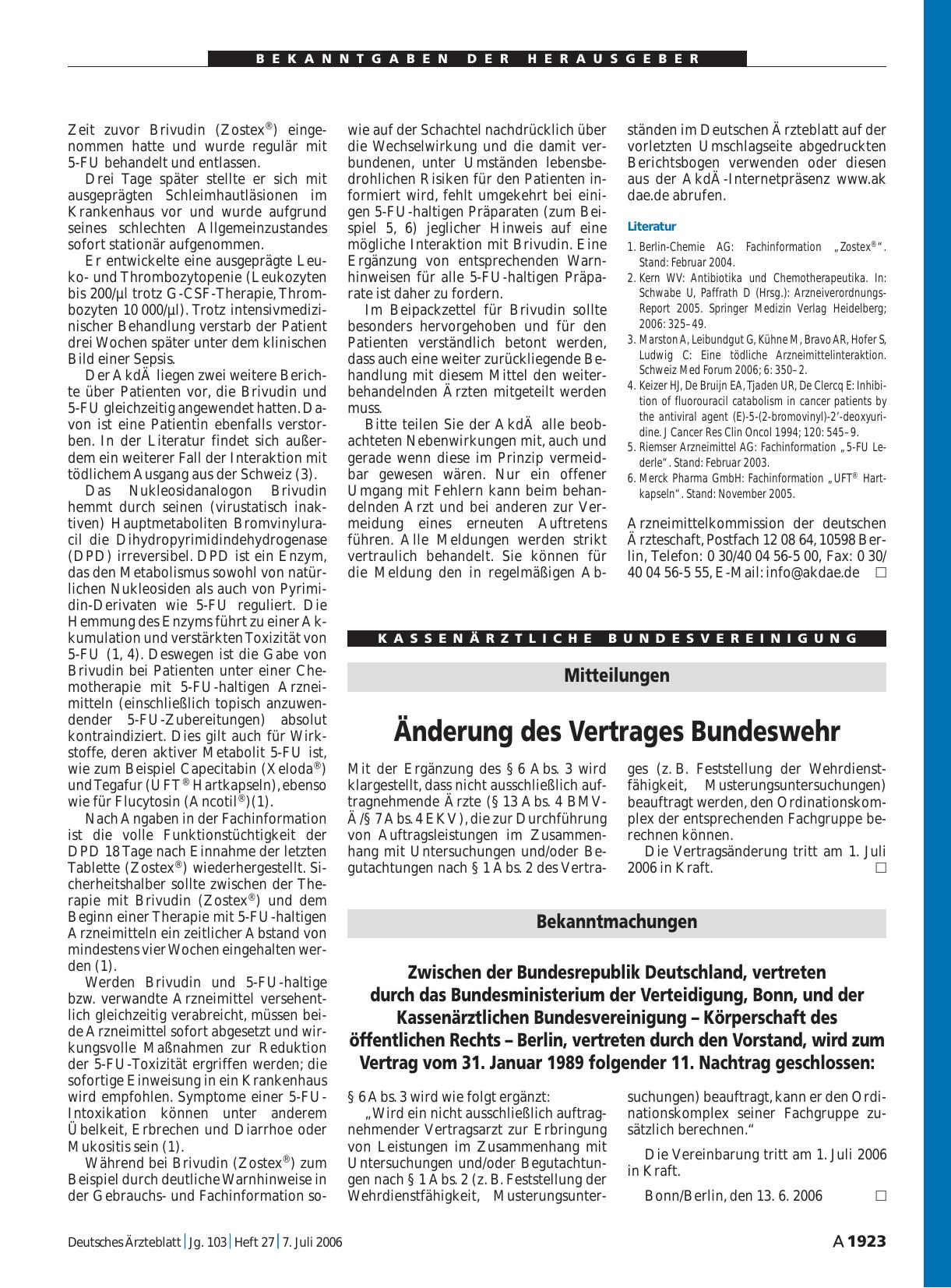 Vorschauseite 1: Bekanntmachungen: Zwischen der Bundesrepublik Deutschland, vertreten durch das Bundesministerium der Verteidigung, Bonn, und der Kassenärztlichen Bundesvereinigung – Körperschaft…