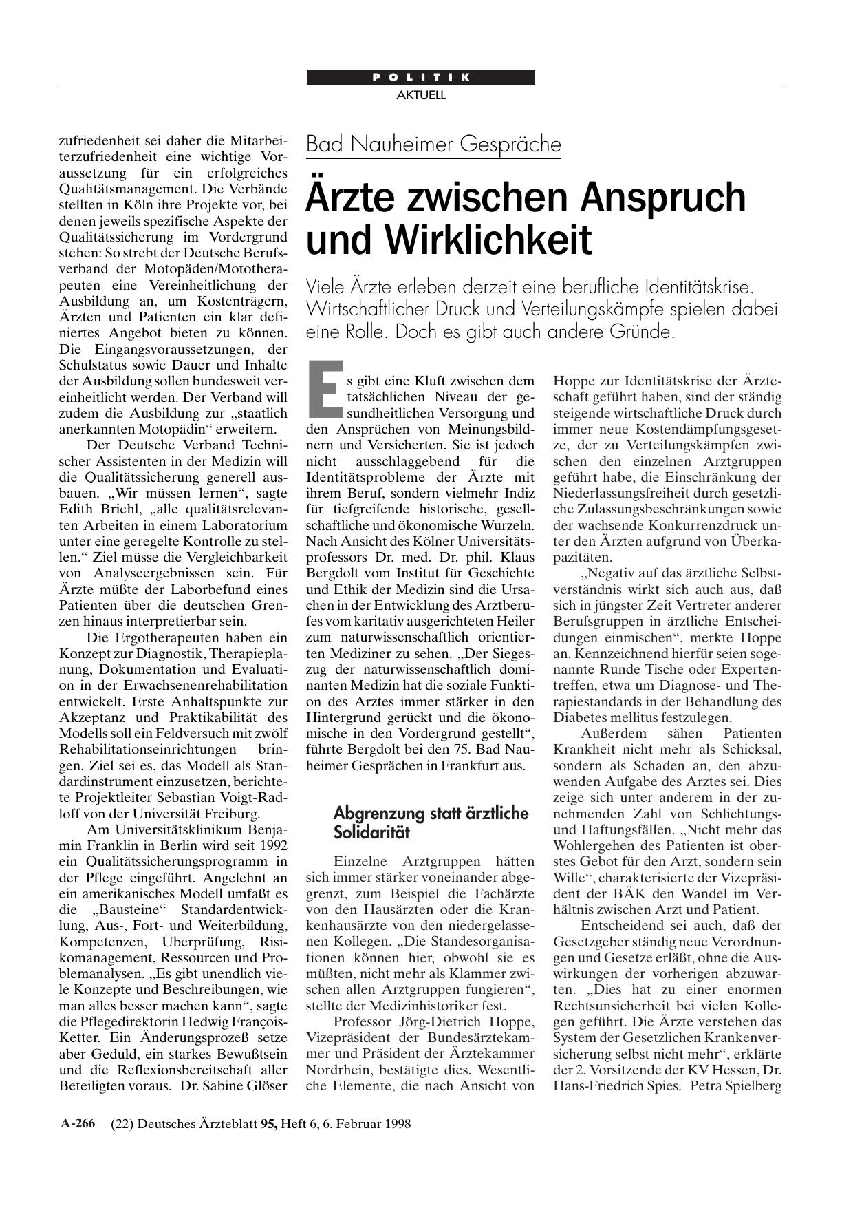 Vorschauseite 1: Bad Nauheimer Gespräche: Ärzte zwischen Anspruch und Wirklichkeit