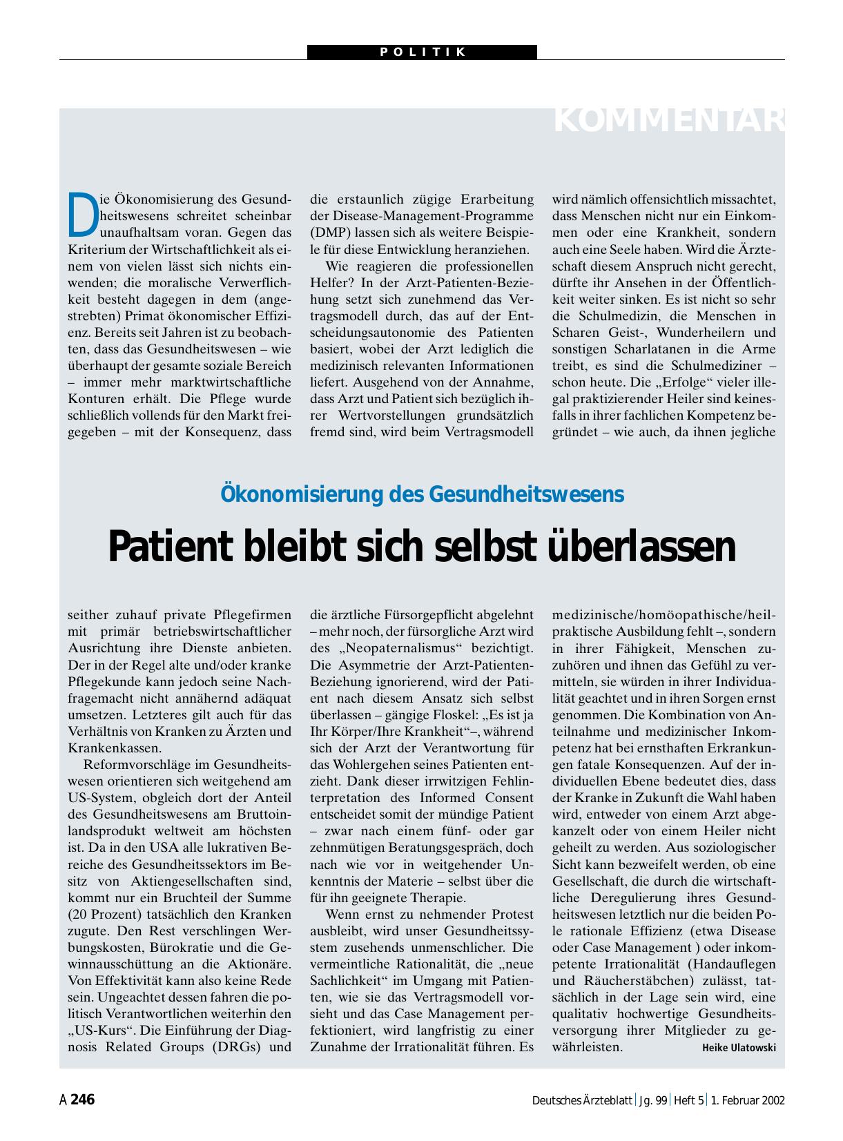 Vorschauseite 1: Ökonomisierung des Gesundheitswesens: Patient bleibt sich selbst überlassen