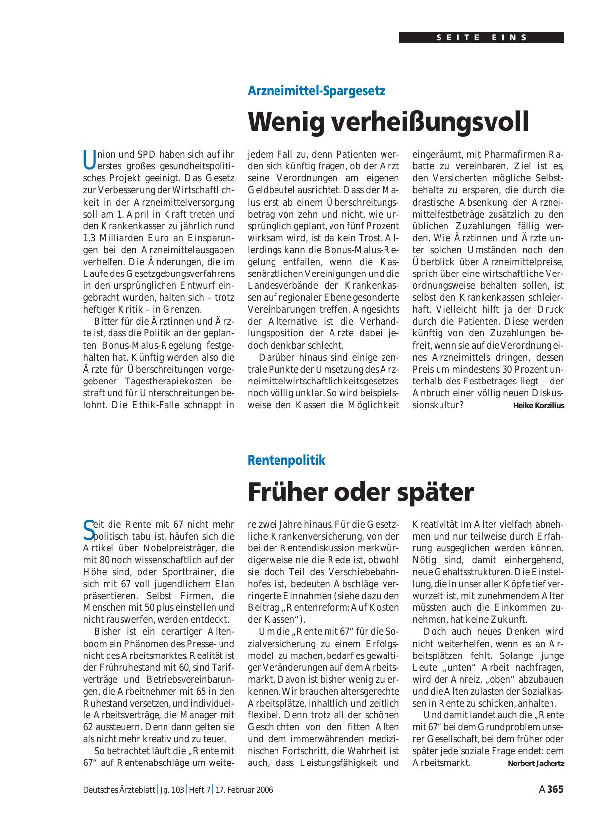 Vorschauseite 1: Rentenpolitik: Früher oder später