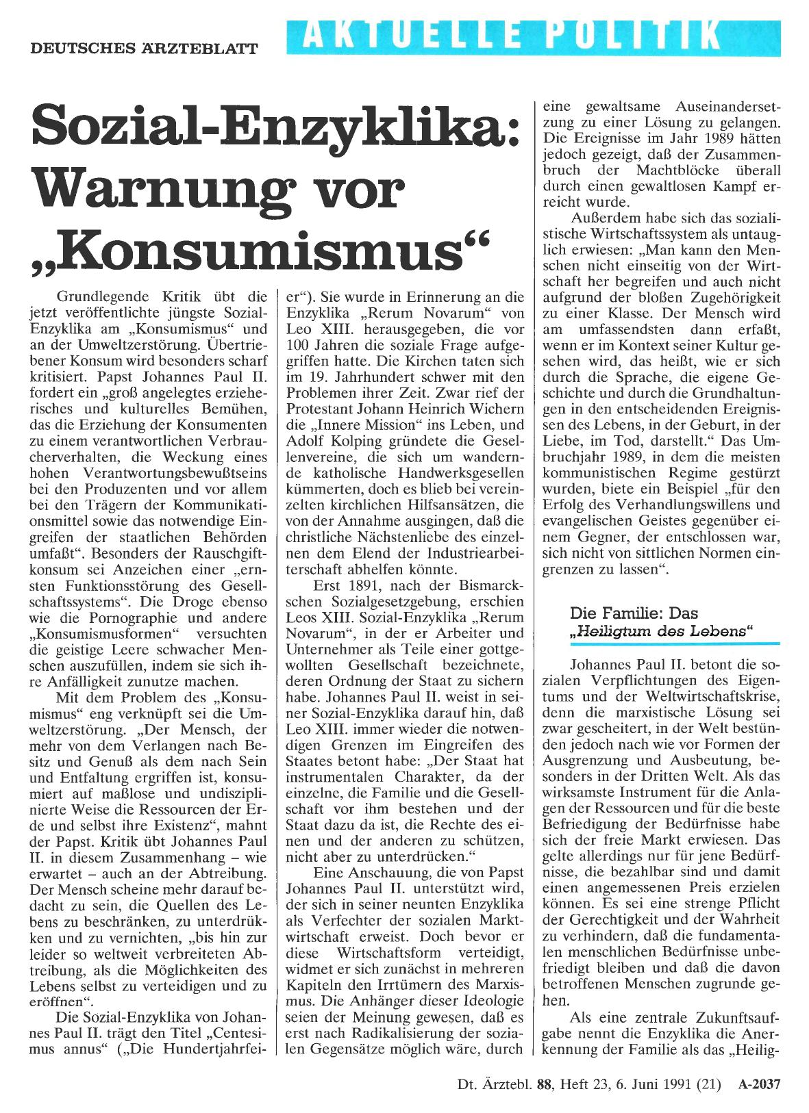 Vorschauseite 1: Sozial-Enzyklika: Warnung vor „Konsumismus“
