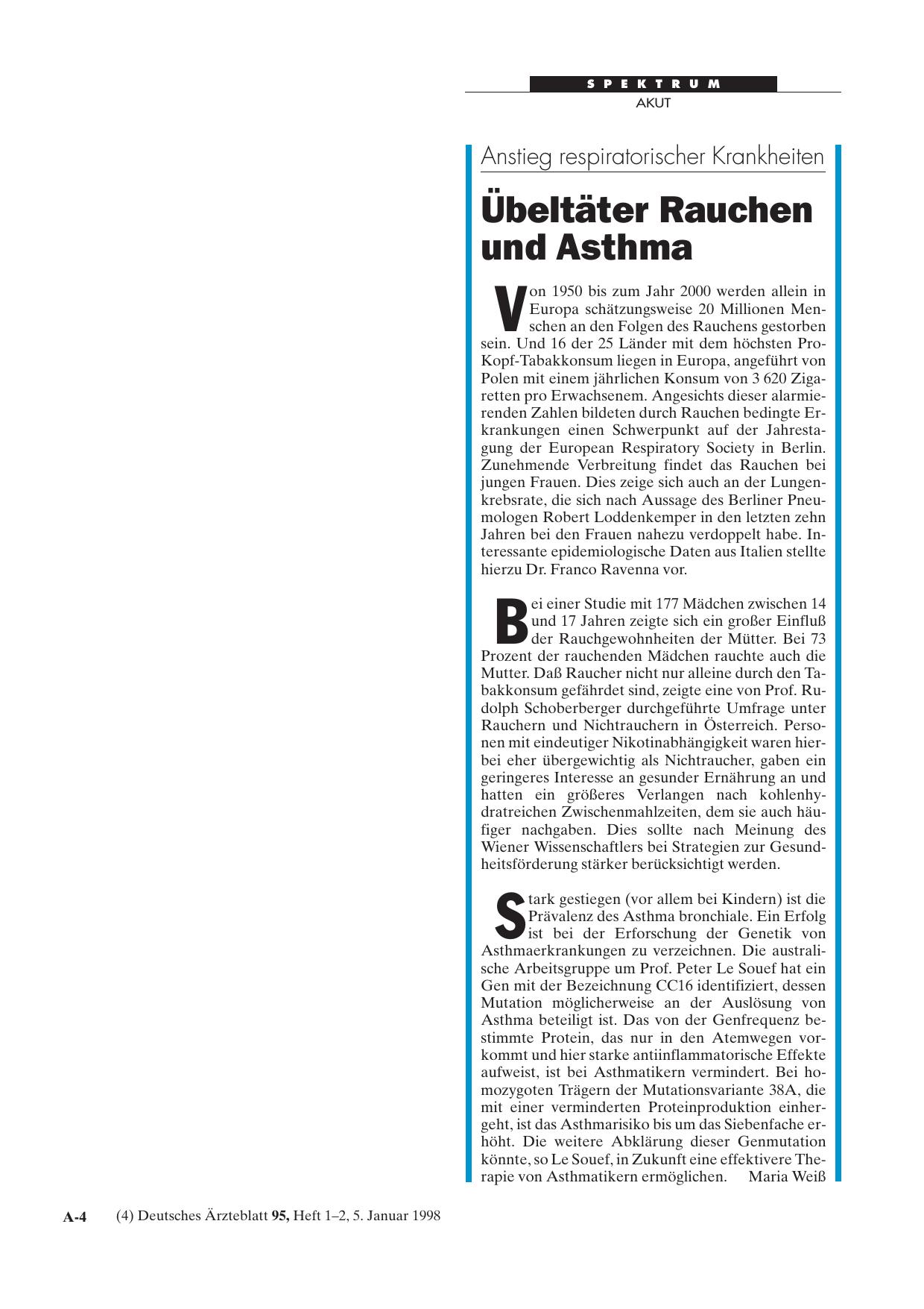 Vorschauseite 1: Anstieg respiratorischer Krankheiten: Übeltäter Rauchen und Asthma