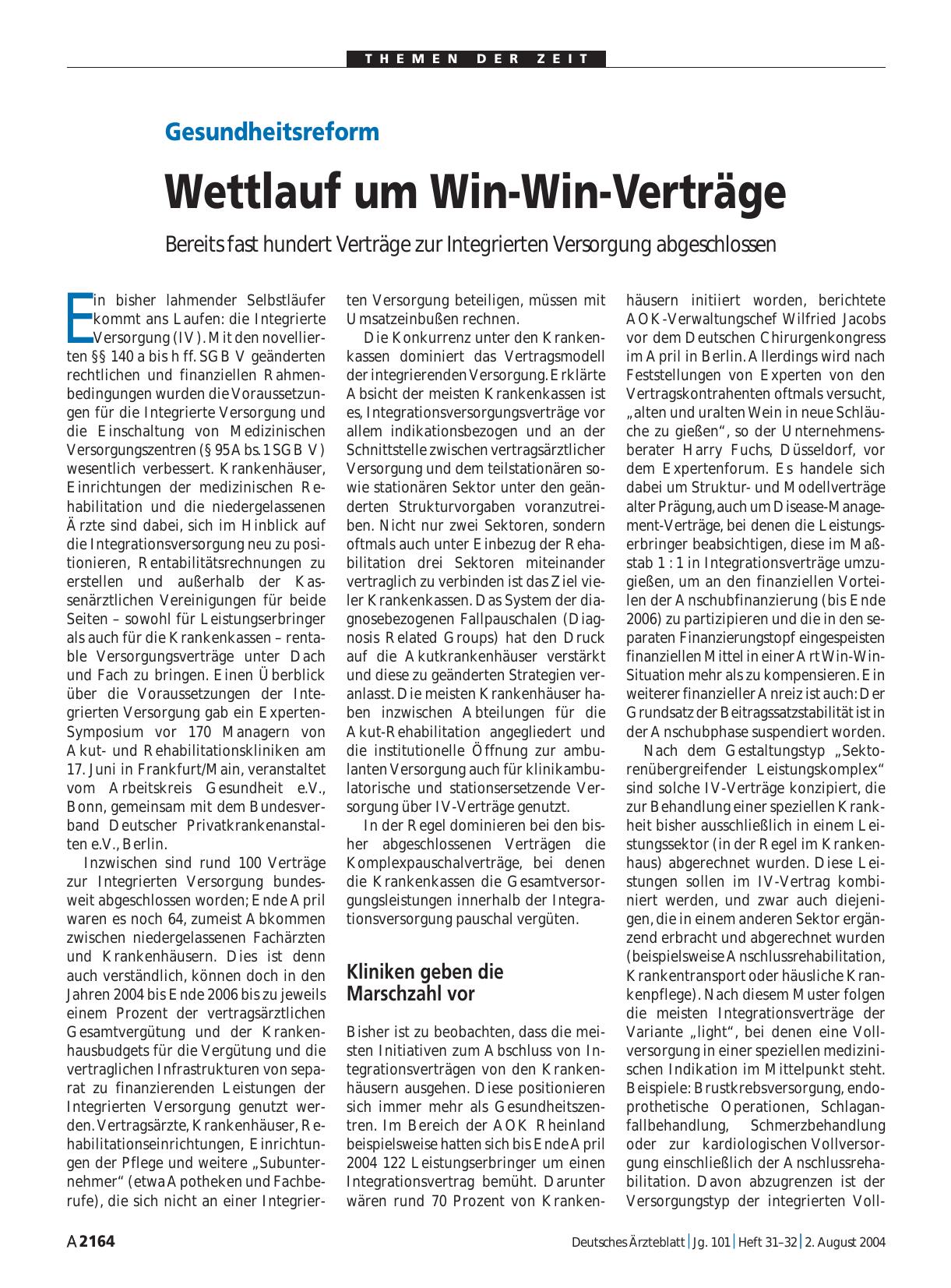 Vorschauseite 1: Gesundheitsreform: Wettlauf um Win-Win-Verträge