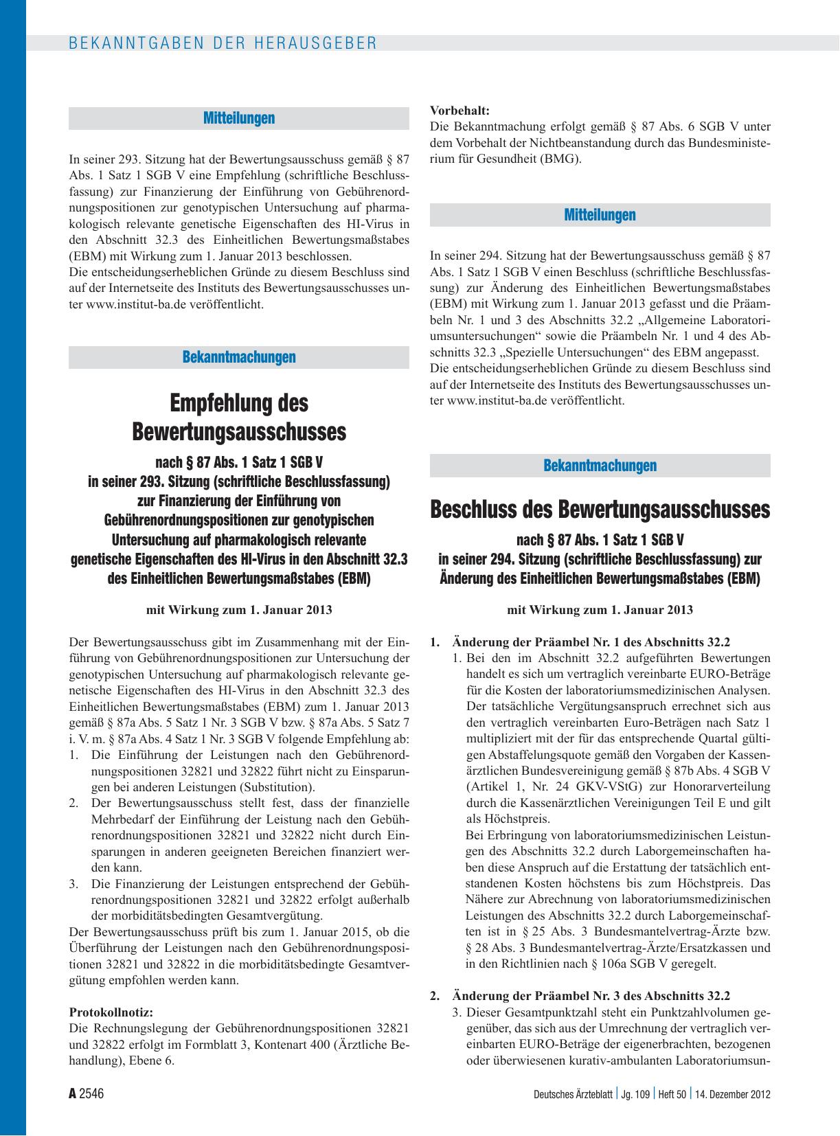 Vorschauseite 1: Empfehlung des Bewertungsausschusses nach § 87 Abs. 1 Satz 1 SGB V in seiner 293. Sitzung (schriftliche Beschlussfassung) zur Finanzierung der Einführung von Gebührenordnungsposit…