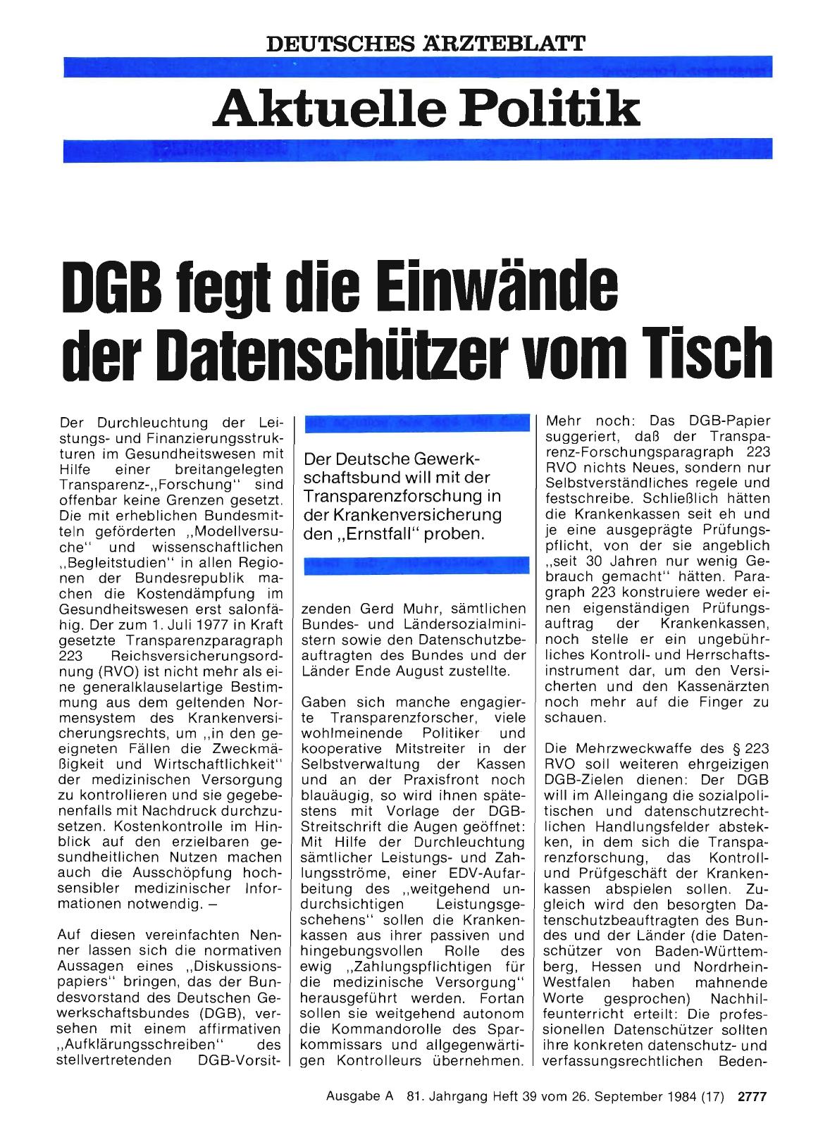 Vorschauseite 1: DGB fegt die Einwände der Datenschützer vom Tisch