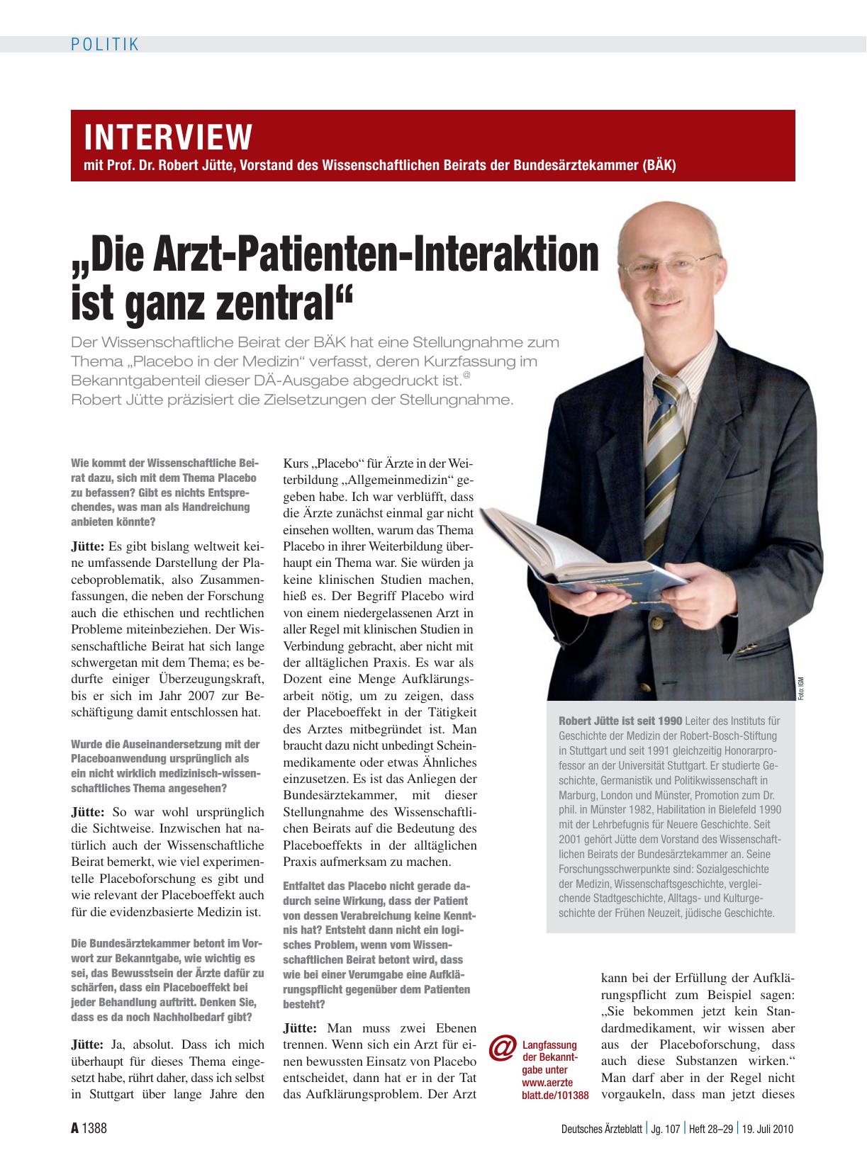 Vorschauseite 1: Interview mit Prof. Dr. Robert Jütte, Vorstand des Wissenschaftlichen Beirats der Bundesärztekammer (BÄK): „Die Arzt-Patienten-Interaktion ist ganz zentral“