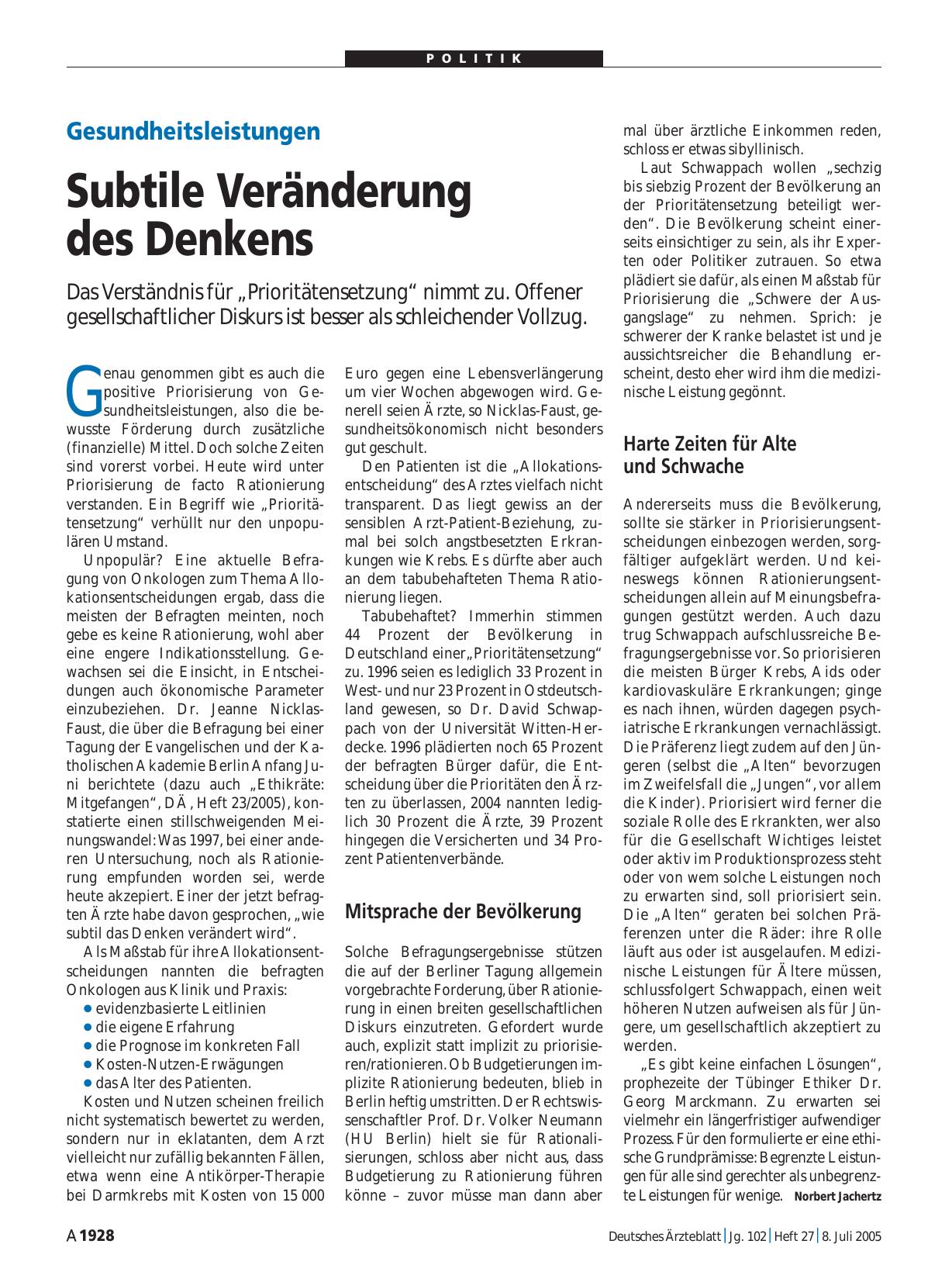 Vorschauseite 1: Gesundheitsleistungen: Subtile Veränderung des Denkens