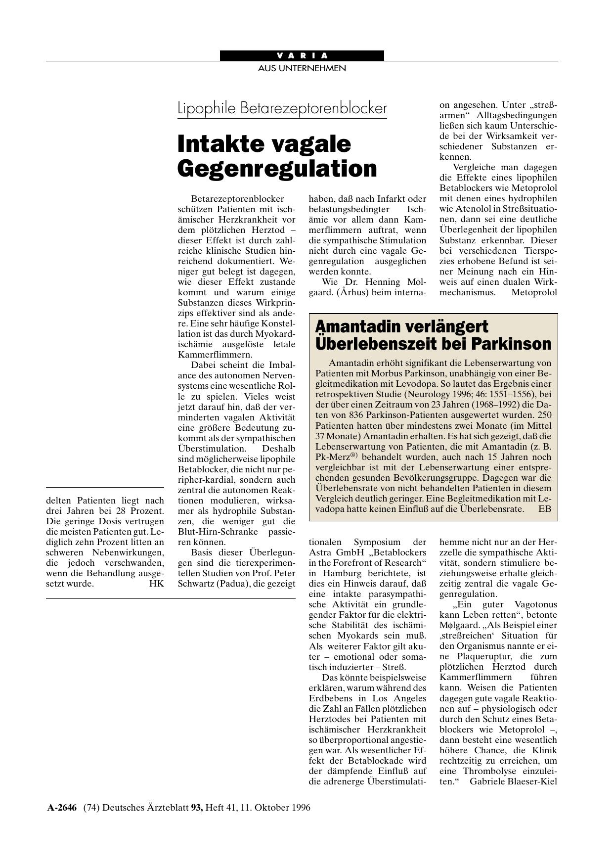 Vorschauseite 1: Lipophile Betarezeptorenblocker: Intakte vagale Gegenregulation