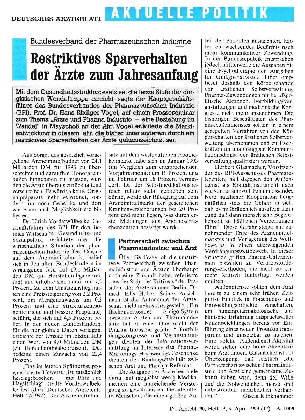 Vorschauseite 1: Bundesverband der Pharmazeutischen Industrie: Restriktives Sparverhalten der Ärzte zum Jahresanfang