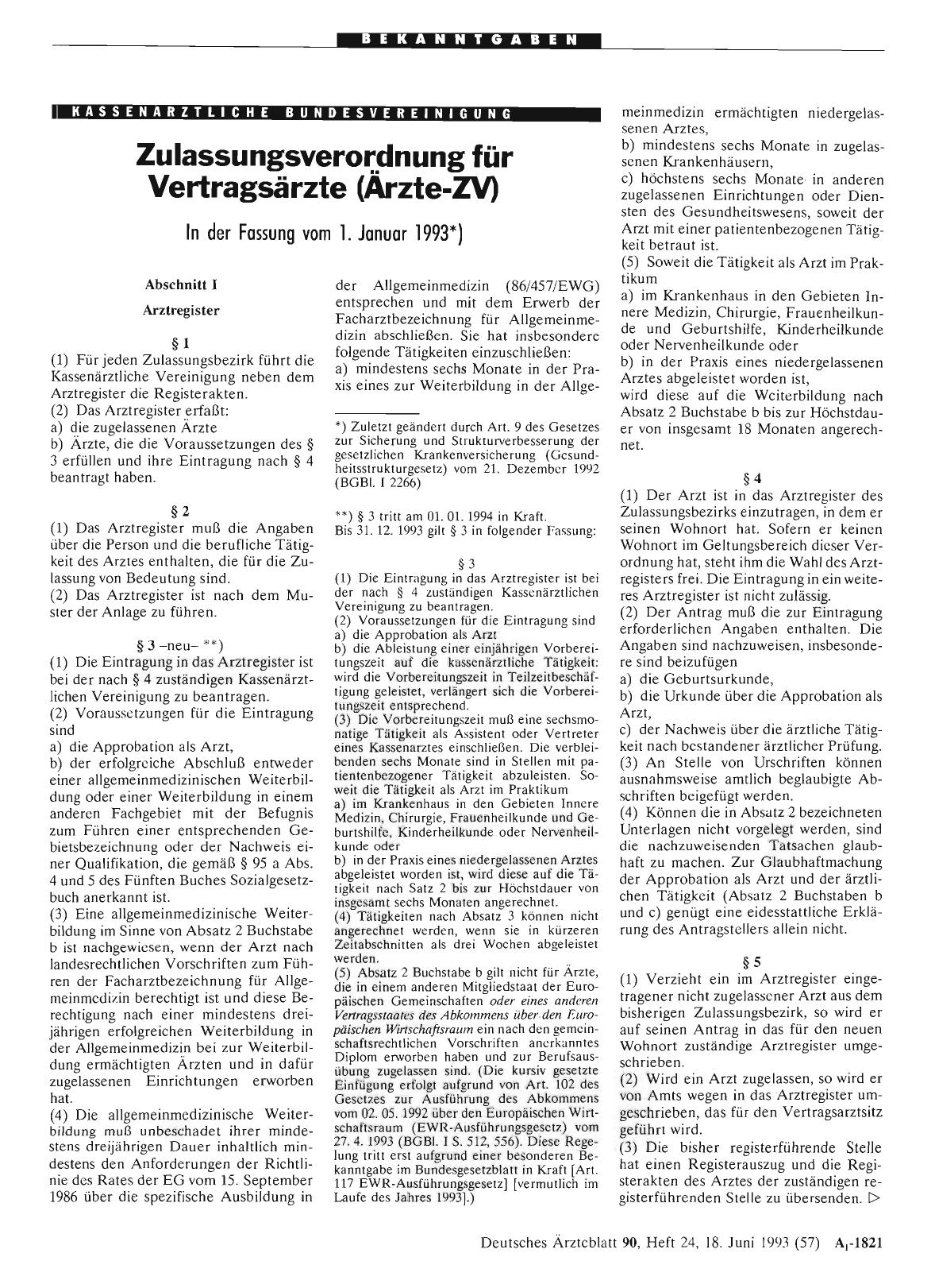 Vorschauseite 1: Zulassungsverordnung für Vertragsärzte (Ärzte-ZV)