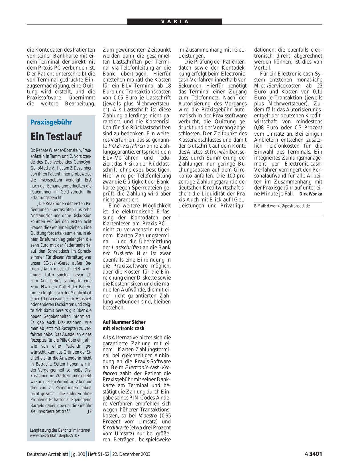 Vorschauseite 1: Praxisgebühr: Ein Testlauf