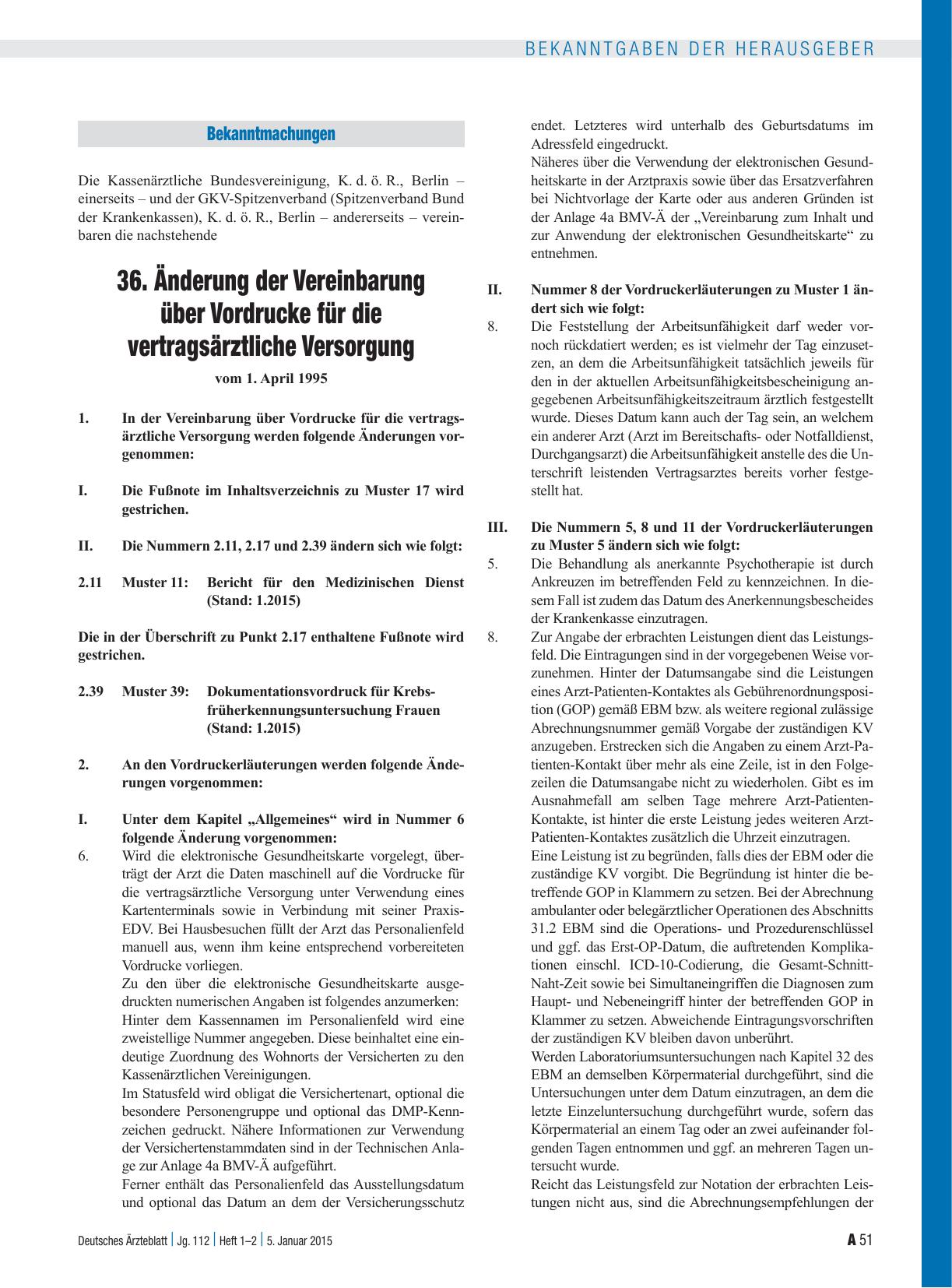 Vorschauseite 1: 36. Änderung der Vereinbarung über Vordrucke für die vertragsärztliche Versorgung