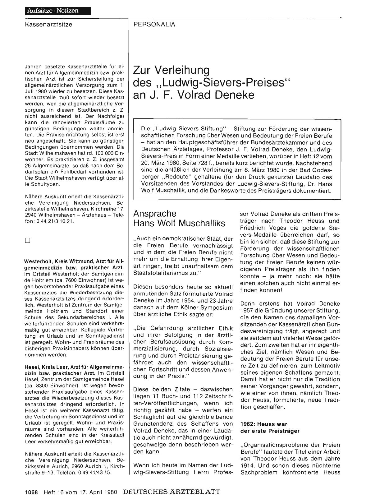 Vorschauseite 1: Zur Verleihung des „Ludwig-Sievers-Preises“ an J. F. Volrad Deneke