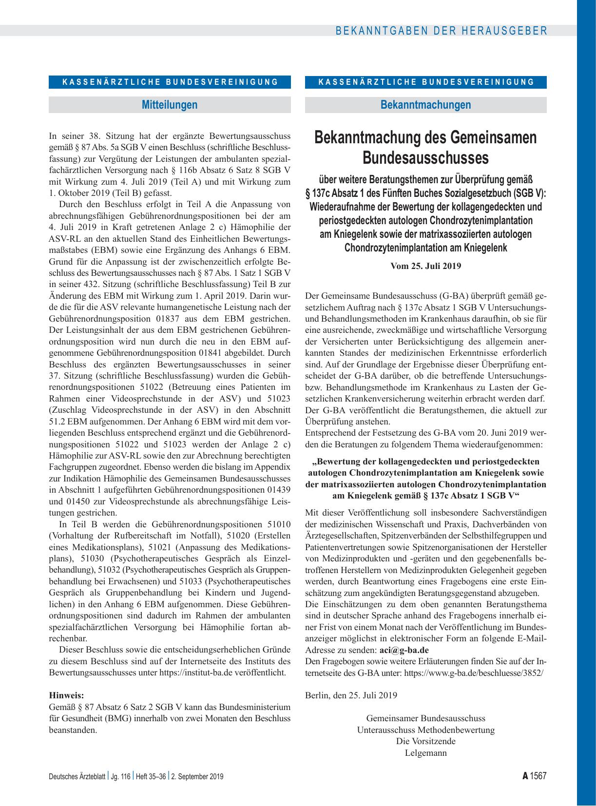 Vorschauseite 1: Bekanntmachung des Gemeinsamen Bundesausschusses über weitere Beratungsthemen zur Überprüfung gemäß § 137c Absatz 1 des Fünften Buches Sozialgesetzbuch (SGB V): Wiederaufnahme der…
