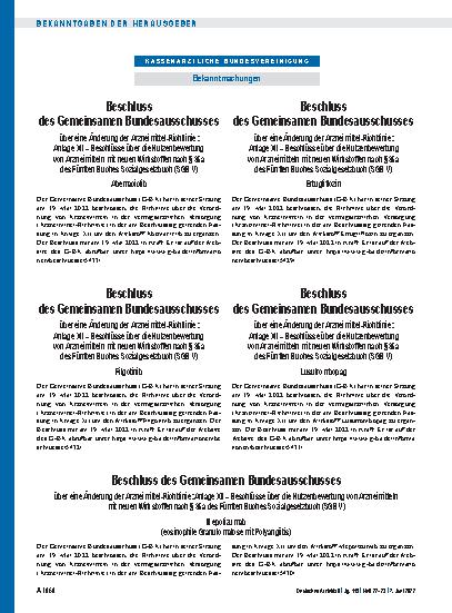 Vorschauseite 1: Beschluss des Gemeinsamen Bundesausschusses über eine Änderung der Arzneimittel-Richtlinie: Mepolizumab (eosinophile Granulomatose mit Polyangiitis)