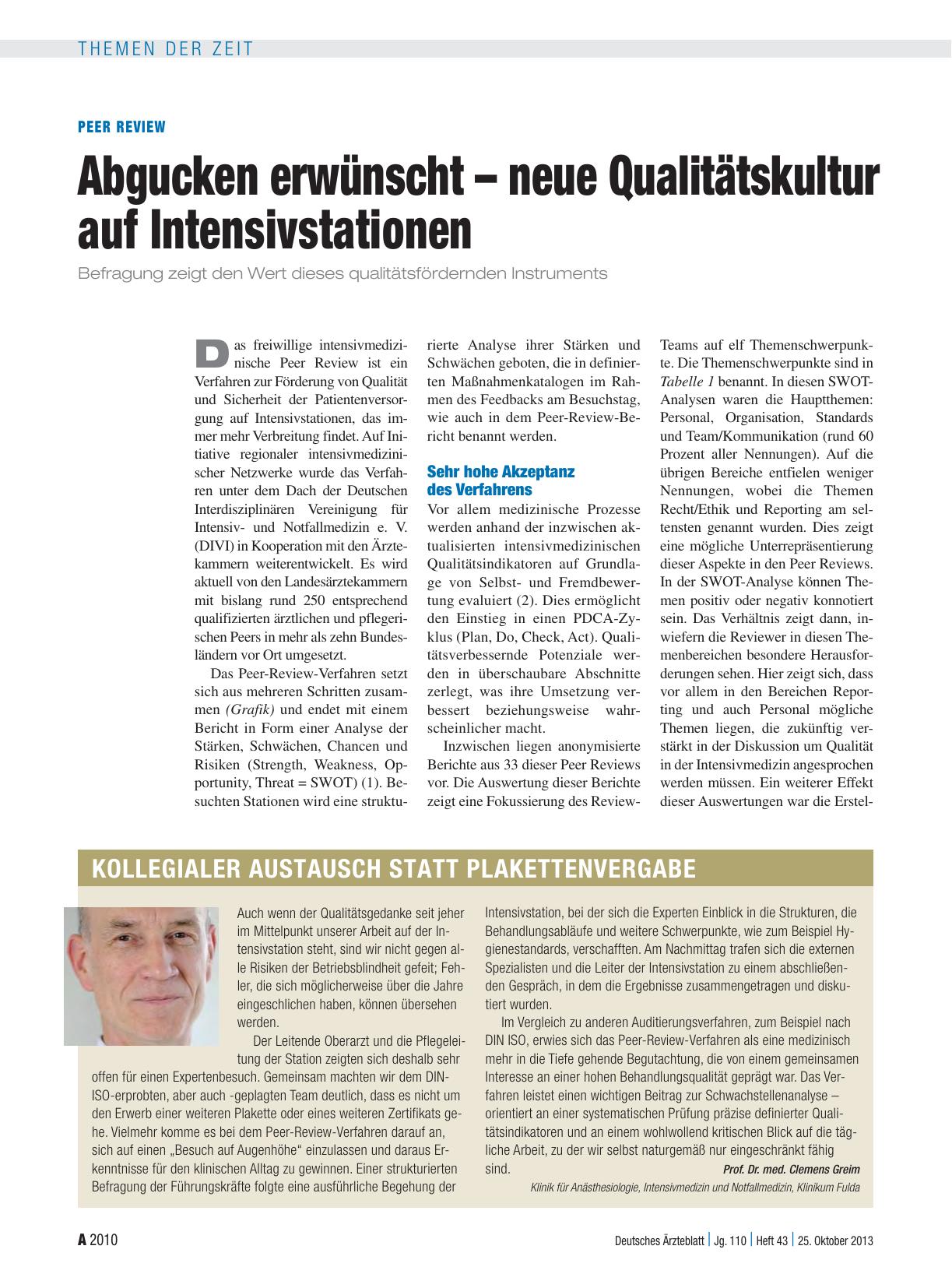 Vorschauseite 1: Peer Review: Abgucken erwünscht – neue Qualitätskultur auf Intensivstationen