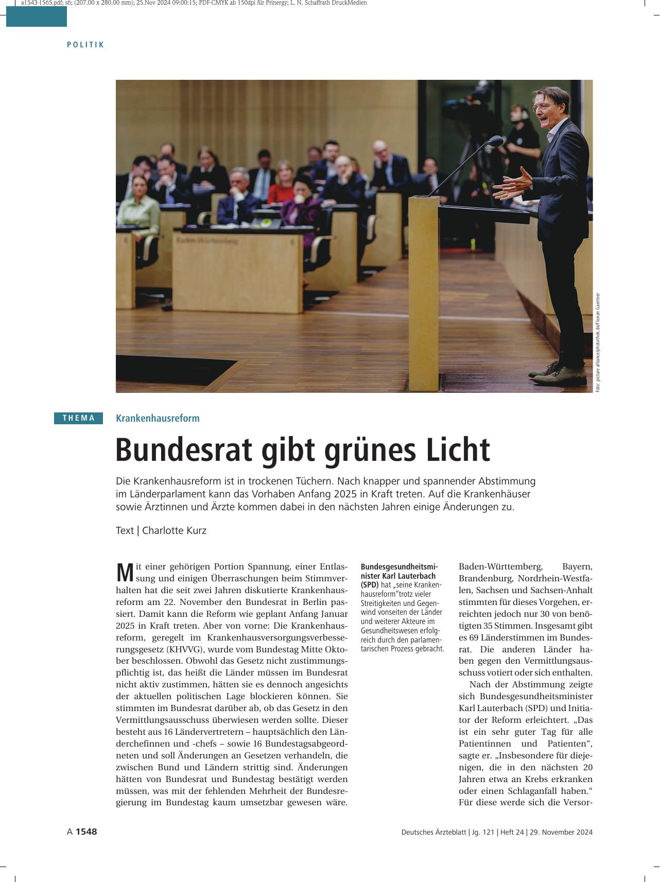 Vorschauseite 1: Krankenhausreform: Bundesrat gibt grünes Licht