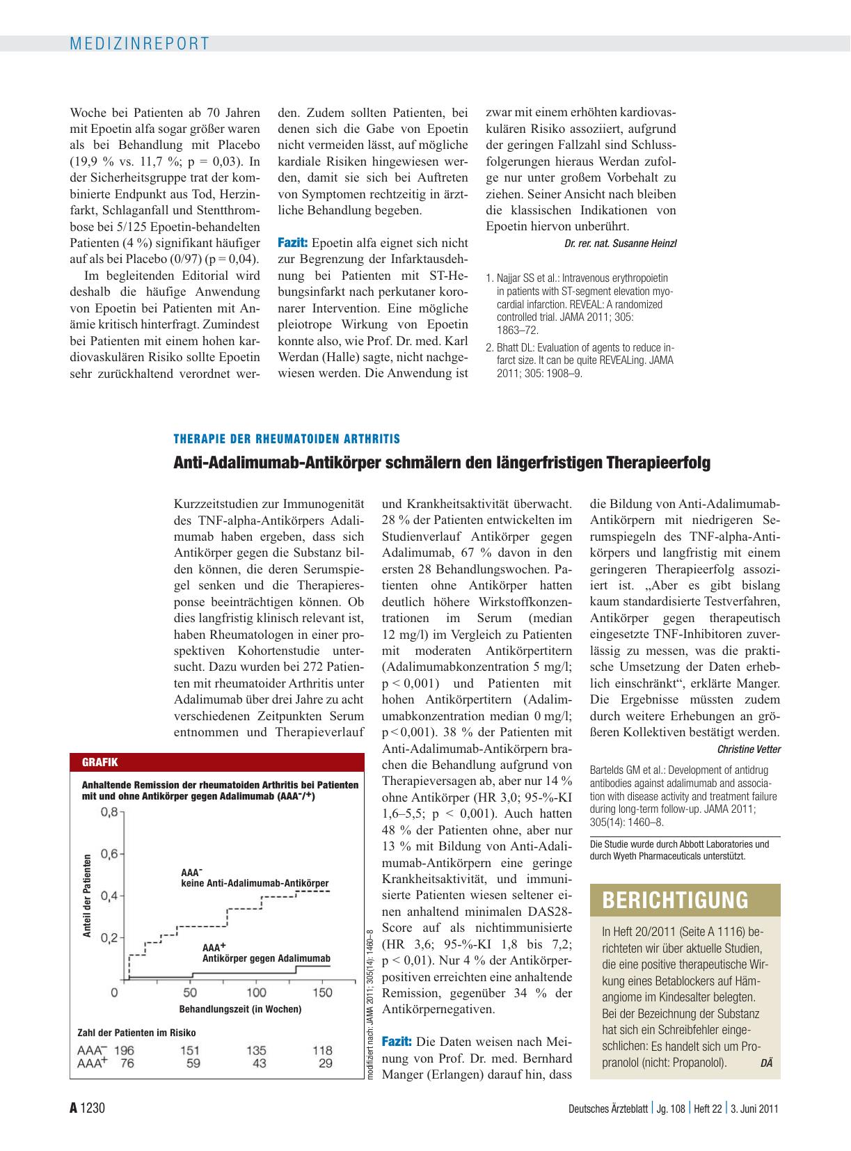 Vorschauseite 1: Therapie der Rheumatoiden Arthritis: Anti-Adalimumab-Antikörper schmälern den längerfristigen Therapieerfolg