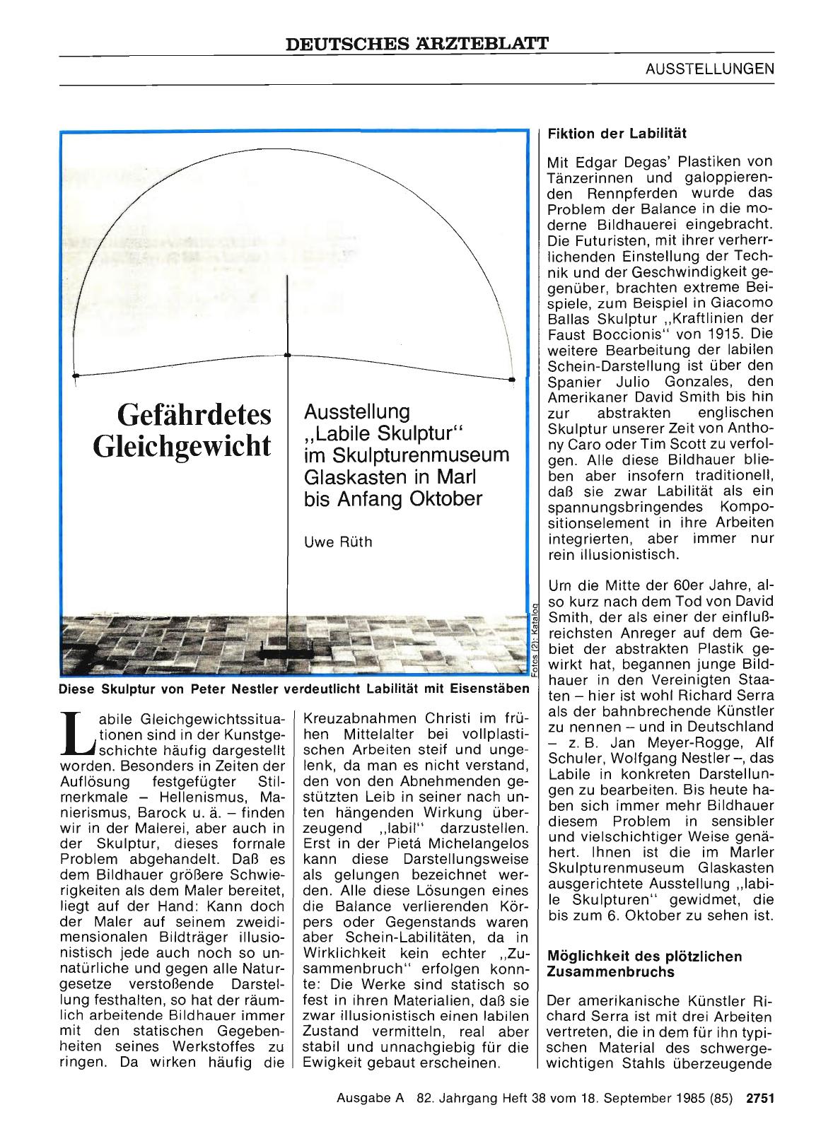 Vorschauseite 1: AUSSTELLUNGEN: Gefährdetes Gleichgewicht - Ausstellung „Labile Skulptur“ im Skulpturenmuseum Glaskasten in Marl bis Anfang Oktober