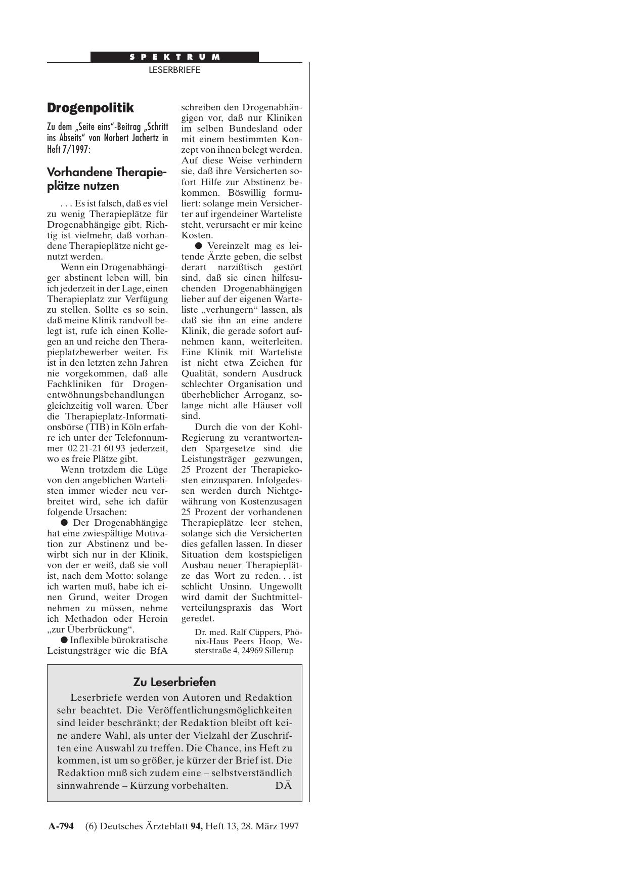 Vorschauseite 1: Drogenpolitik: Zu Leserbriefen
