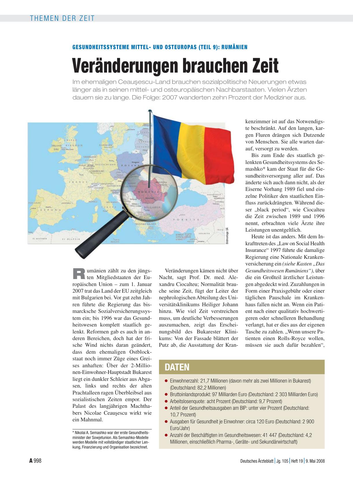 Vorschauseite 1: Gesundheitssysteme Mittelund Osteuropas (Teil 9) - Rumänien: Veränderungen brauchen Zeit