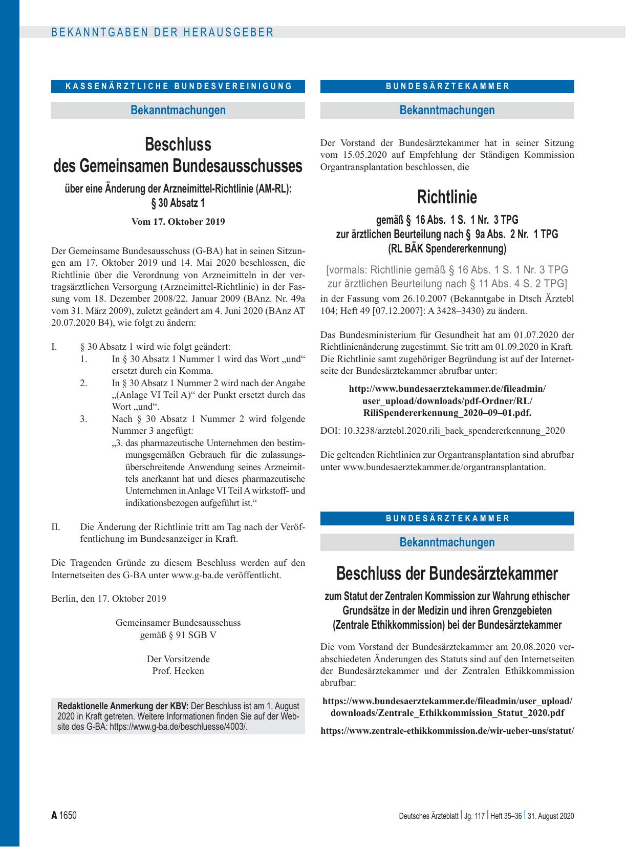 Vorschauseite 1: Beschluss des Gemeinsamen Bundesausschusses über eine Änderung der Arzneimittel-Richtlinie (AM-RL): § 30 Absatz 1