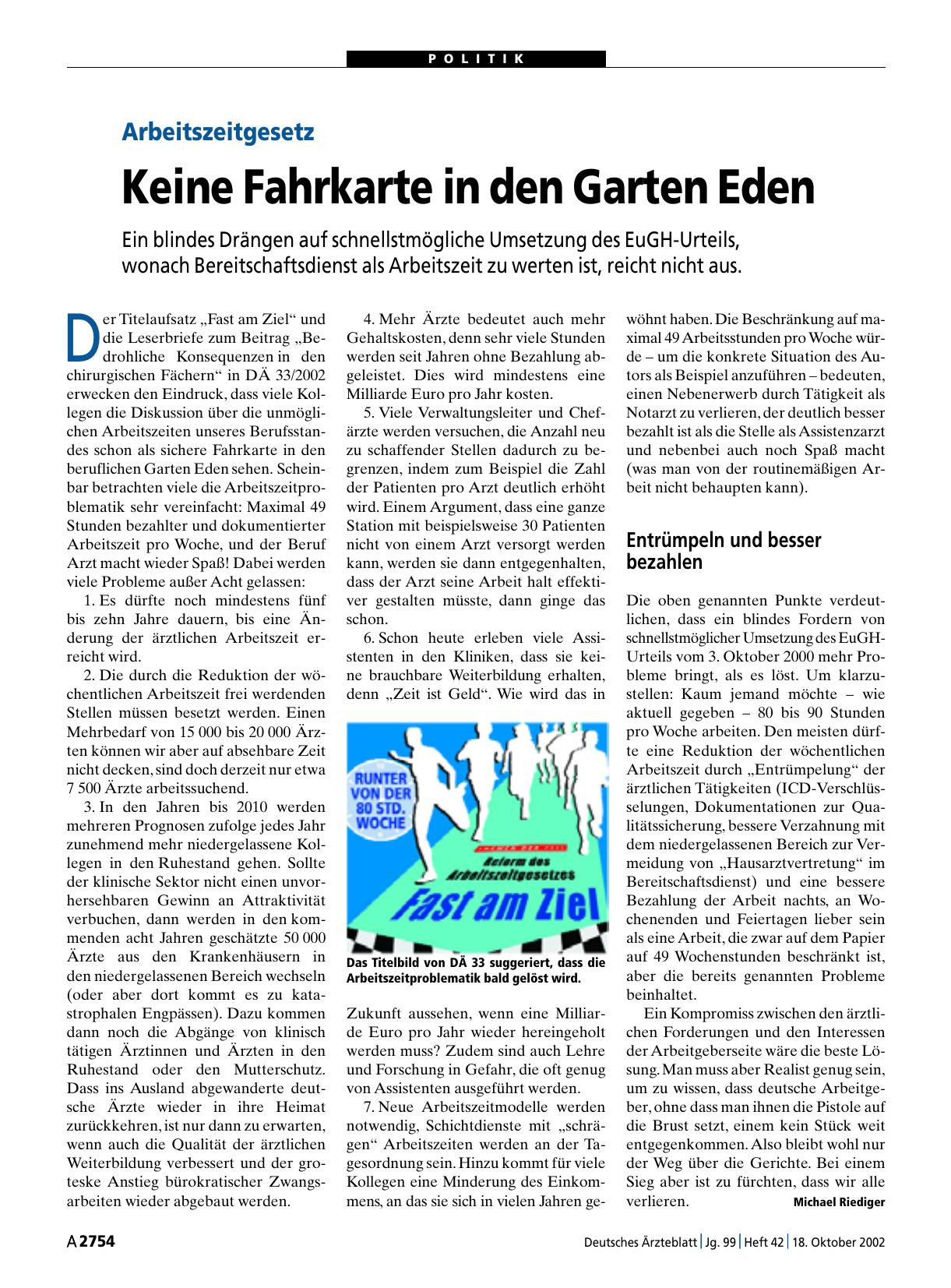 Vorschauseite 1: Arbeitszeitgesetz: Keine Fahrkarte in den Garten Eden