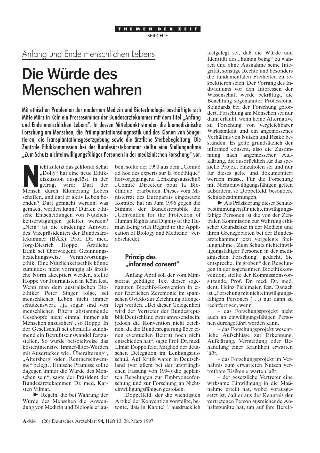Vorschauseite 1: Anfang und Ende menschlichen Lebens: Die Würde des Menschen wahren