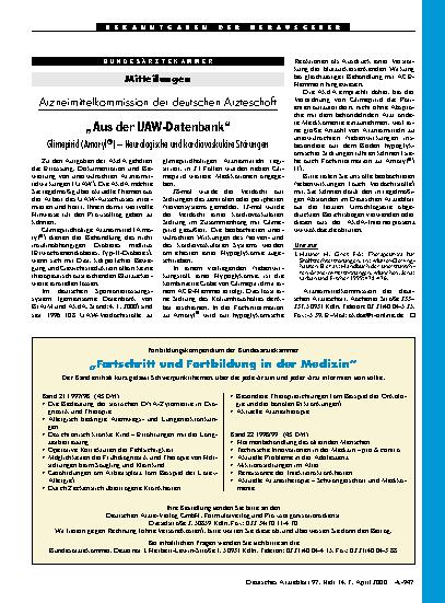 Vorschauseite 1: Arzneimittelkommission der deutschen Ärzteschaft „Aus der UAW-Datenbank“: Glimepirid (Amaryl®) - Neurologische und kardiovaskuläre Störungen