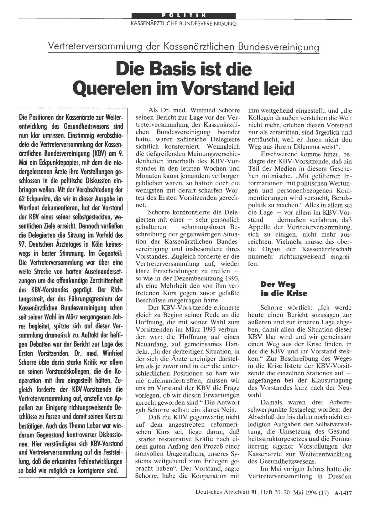 Vorschauseite 1: Vertreterversammlung der Kassenärztlichen Bundesvereinigung: Die Basis ist die Querelen im Vorstand leid