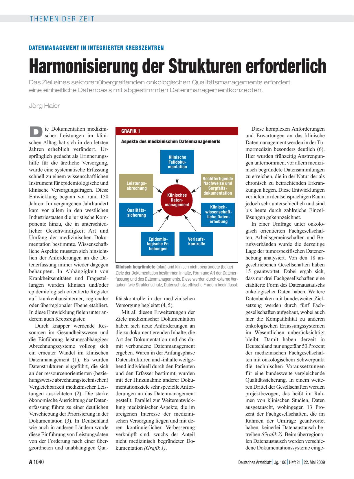 Vorschauseite 1: Datenmanagement in integrierten Krebszentren: Harmonisierung der Strukturen erforderlich