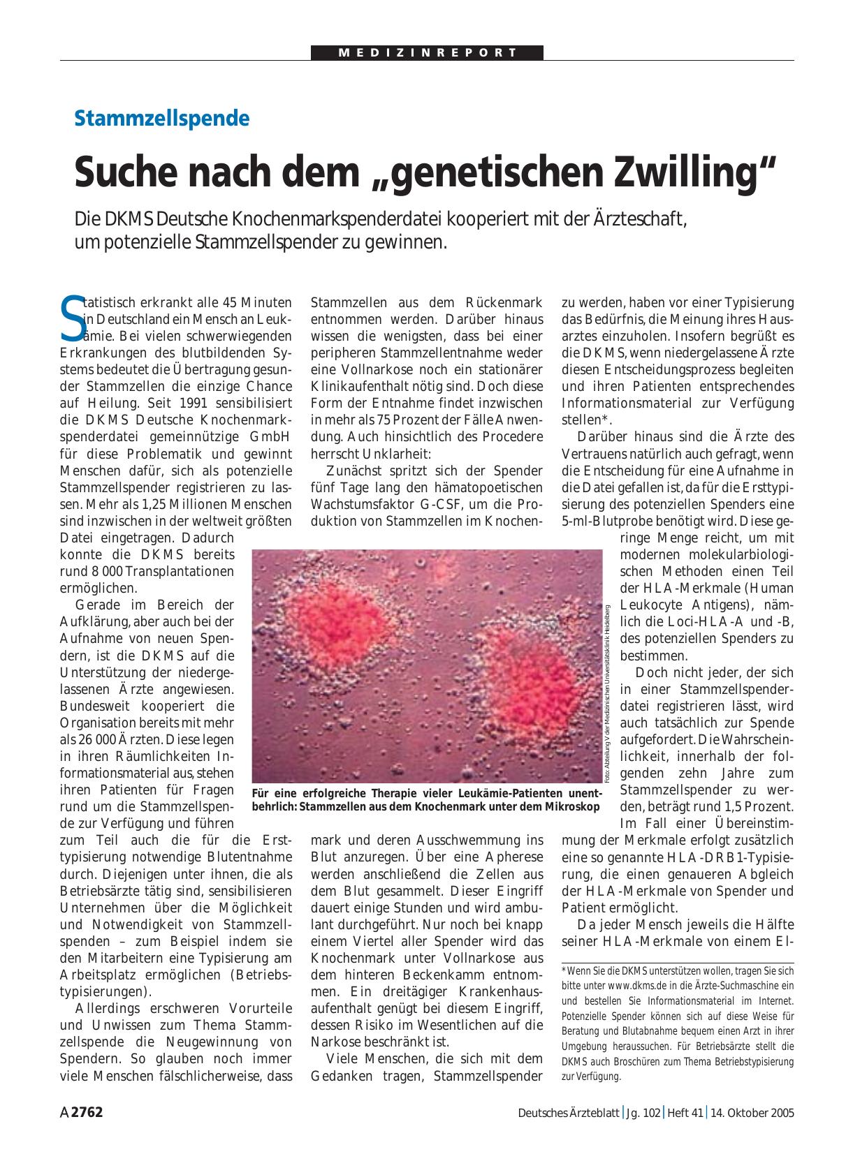 Vorschauseite 1: Stammzellspende: Suche nach dem „genetischen Zwilling“