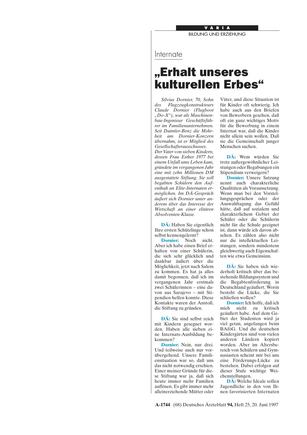 Vorschauseite 1: Internate: „Erhalt unseres kulturellen Erbes“