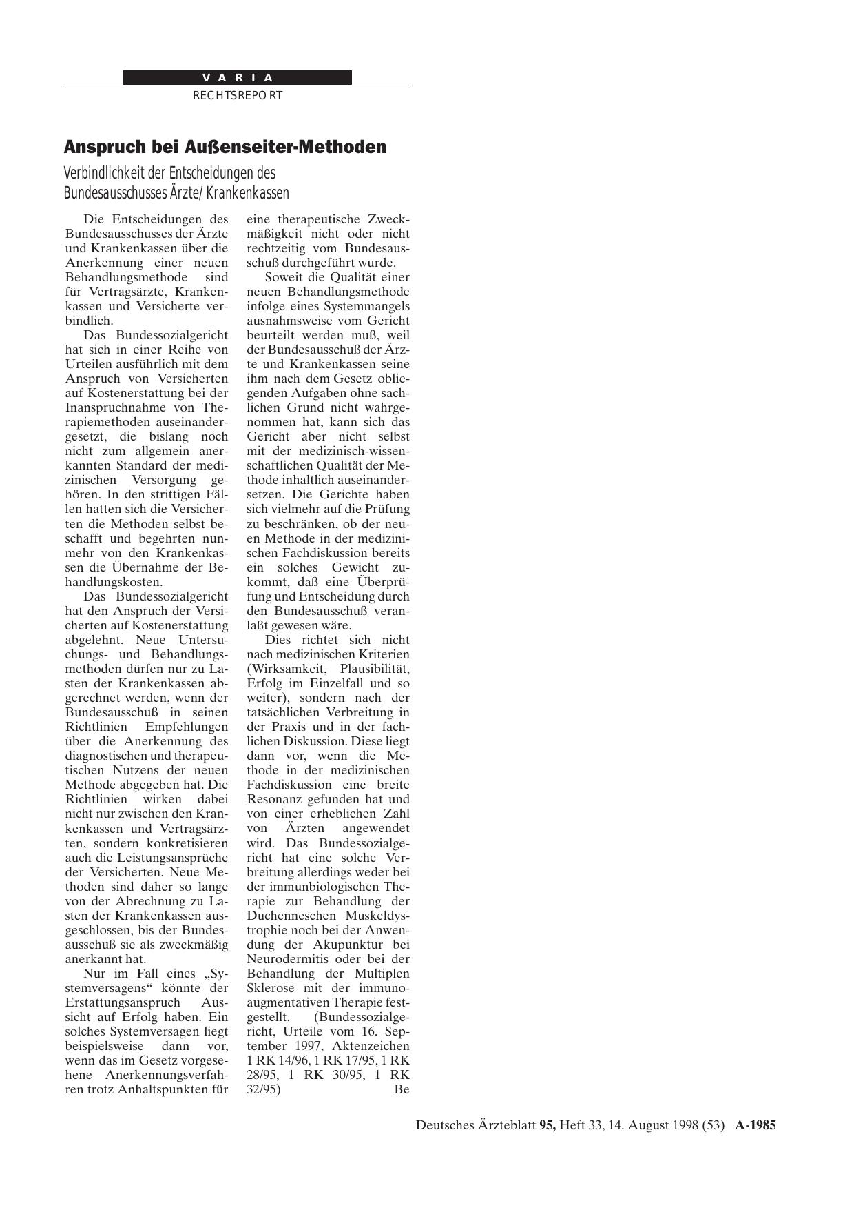 Vorschauseite 1: Anspruch bei Außenseiter-Methoden: Verbindlichkeit der Entscheidungen des Bundesausschusses Ärzte/Krankenkassen